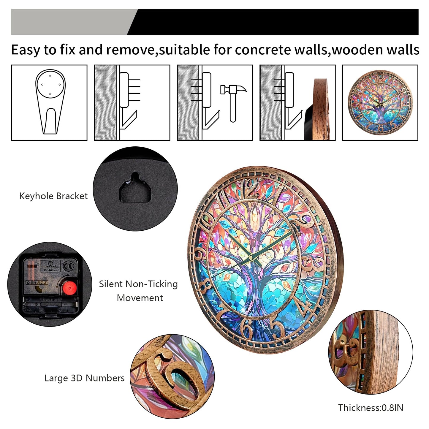 WANGIRO Tree of Life Wall Clock 12inch Silent Movement Non-Ticking Clock Precise Timekeeping Wall Clock Suitable for Living Rooms Bedrooms Offices Ideal for Home Decor Gifts Antique Copper