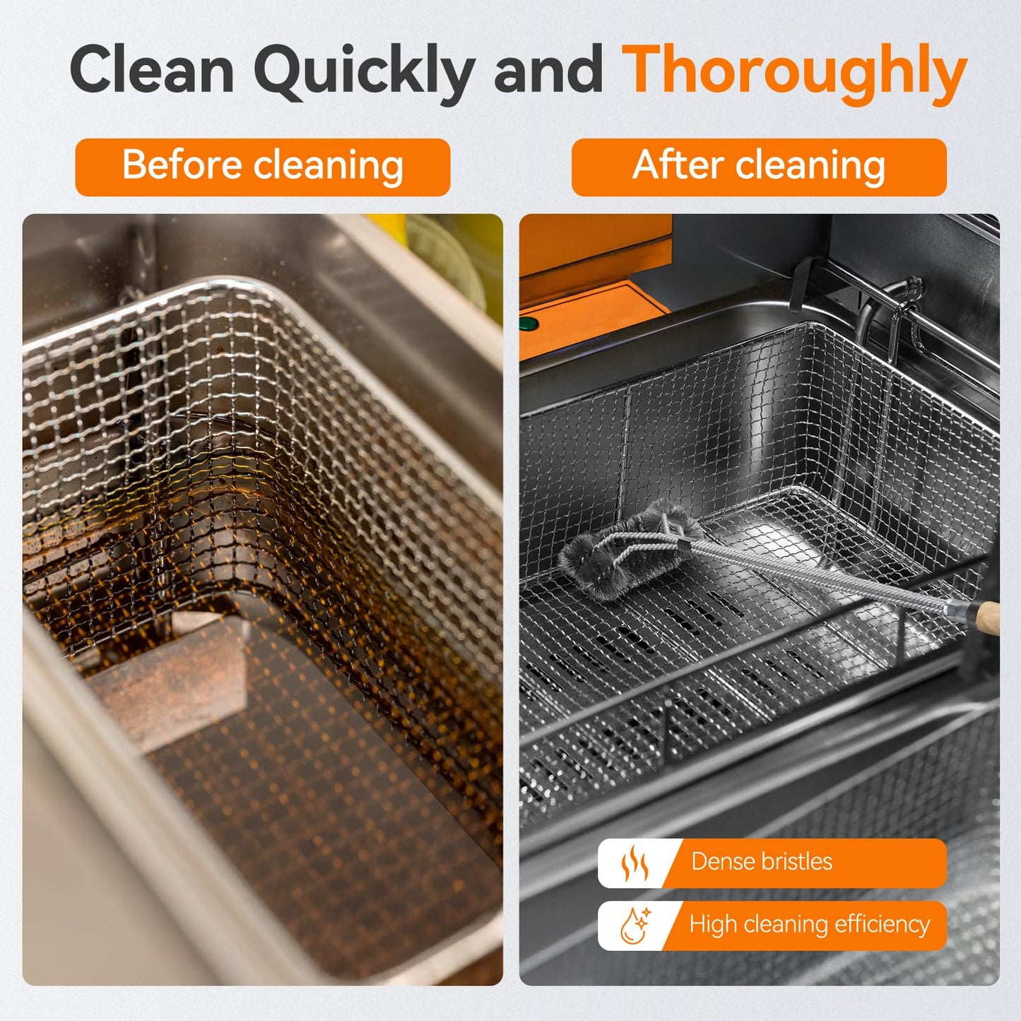 Fryer Cleaning Tools, 3 PCS Stainless Steel Deep Fryer Cleaning Tools, with Deep Fryer L-Shaped Brush, Long Handle Basket Brush and Fryer Cleanout Rod for Restaurants (Stainless Steel, Sliver)