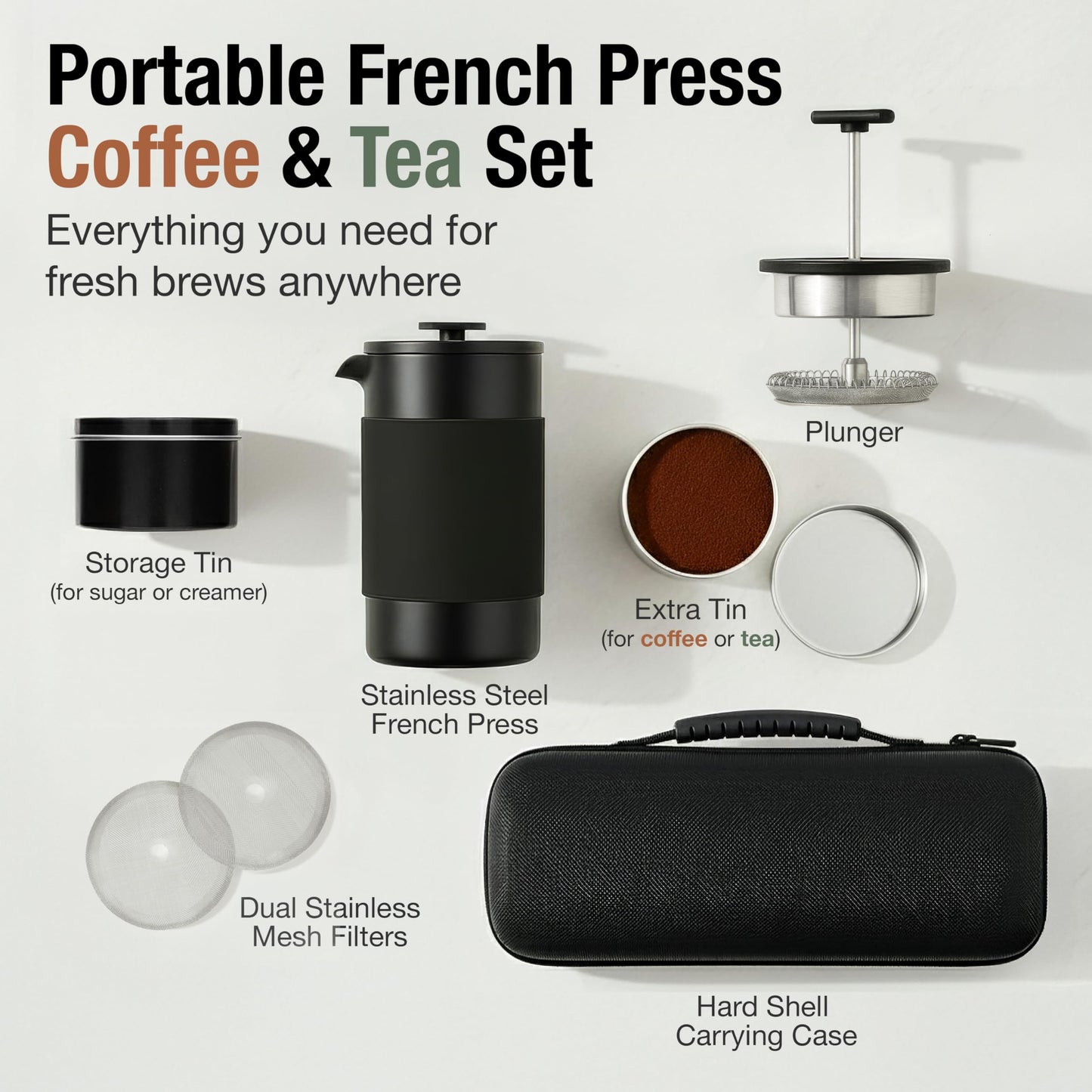 Travel French Press Coffee Maker Set - 12 oz | Portable Travel French Press Coffee Maker | Double Wall Insulated with Dual Stainless Filters & 2 Steel Canisters for Grounds, Tea, Creamer & Sugar