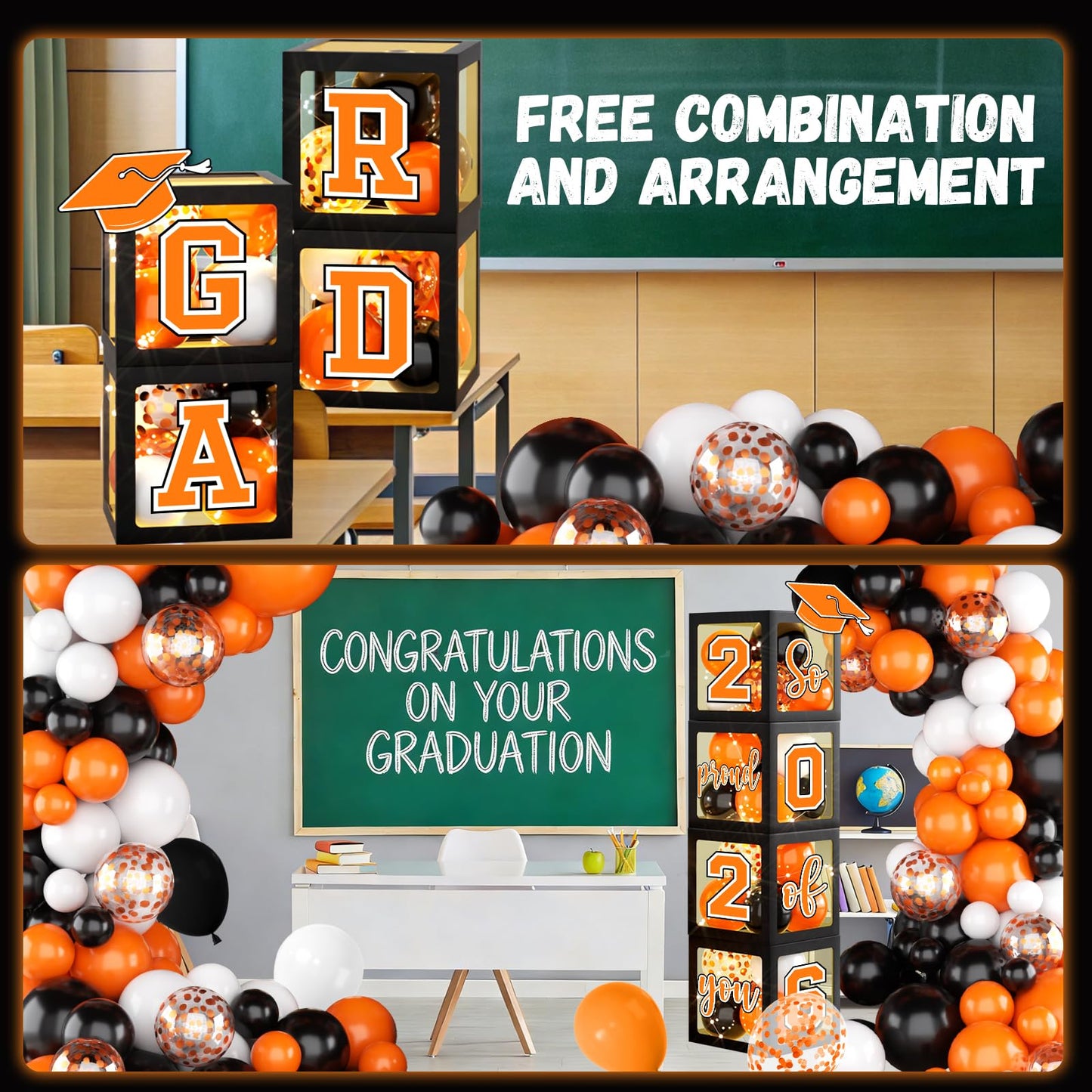 2026 Graduation Party Decorations Class of 2026 Balloon Boxes with Letters 2026 Grad & So Proud of You Congrats Grad Party Decorations 117pcs Balloons for Any Grades Class Grad Party (Black Orange)