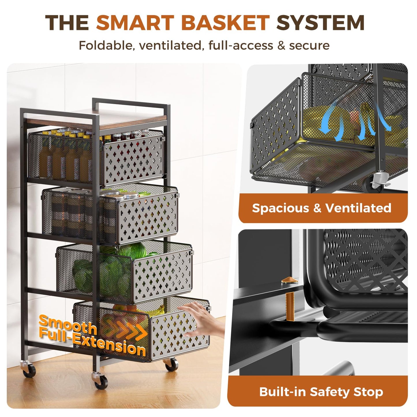 Xpatee 5 Tier Kitchen Storage Cart with Wheels, Utility Fruit Vegetable Storage Rack Stand with Pull-Out Baskets & Wood Top, Metal 4-Drawers Rolling Snack Cart, Kitchen Cart for Potato Onion(Black)