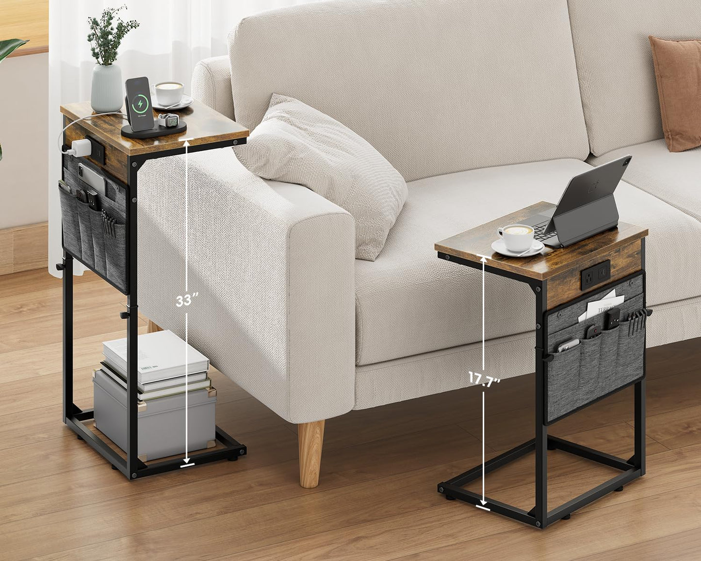 Vagusicc C Shaped End Table with Charging Station, 33" Tall Side Table for Couch, C Table End Table Adjustable Height Side Table TV Tray, Slide Under Sofa Couch Table for Living Room, Bedroom, Brown