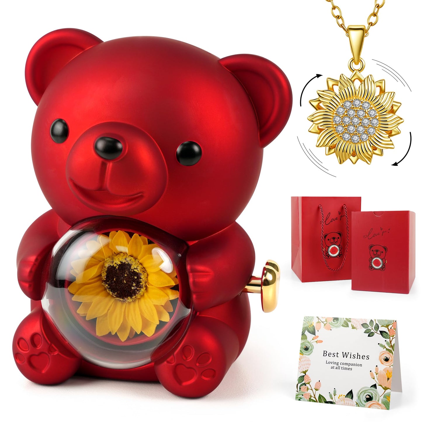 Trinckle Sunflower Necklaces for Women Graduation Gifts for Daughter, Teddy Bear Gifts with Preserved Sunflower, Cute Sunflower Gift Box for Wife Girlfriend Mom as Anniversary Birthday Jewelry