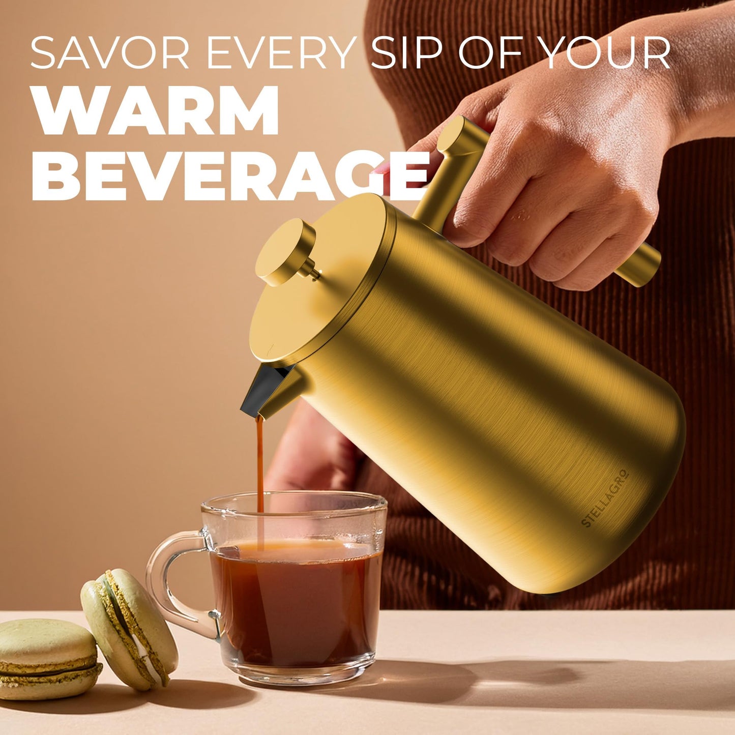 STELLAGRO French Press Coffee Maker, Stainless Steel French Press 34 Oz / 1L, Double Wall Insulated Coffee Press with 3 Extra Mesh Filters, Metal Coffee Maker for Coffee & Tea, Satin Finish, Gold