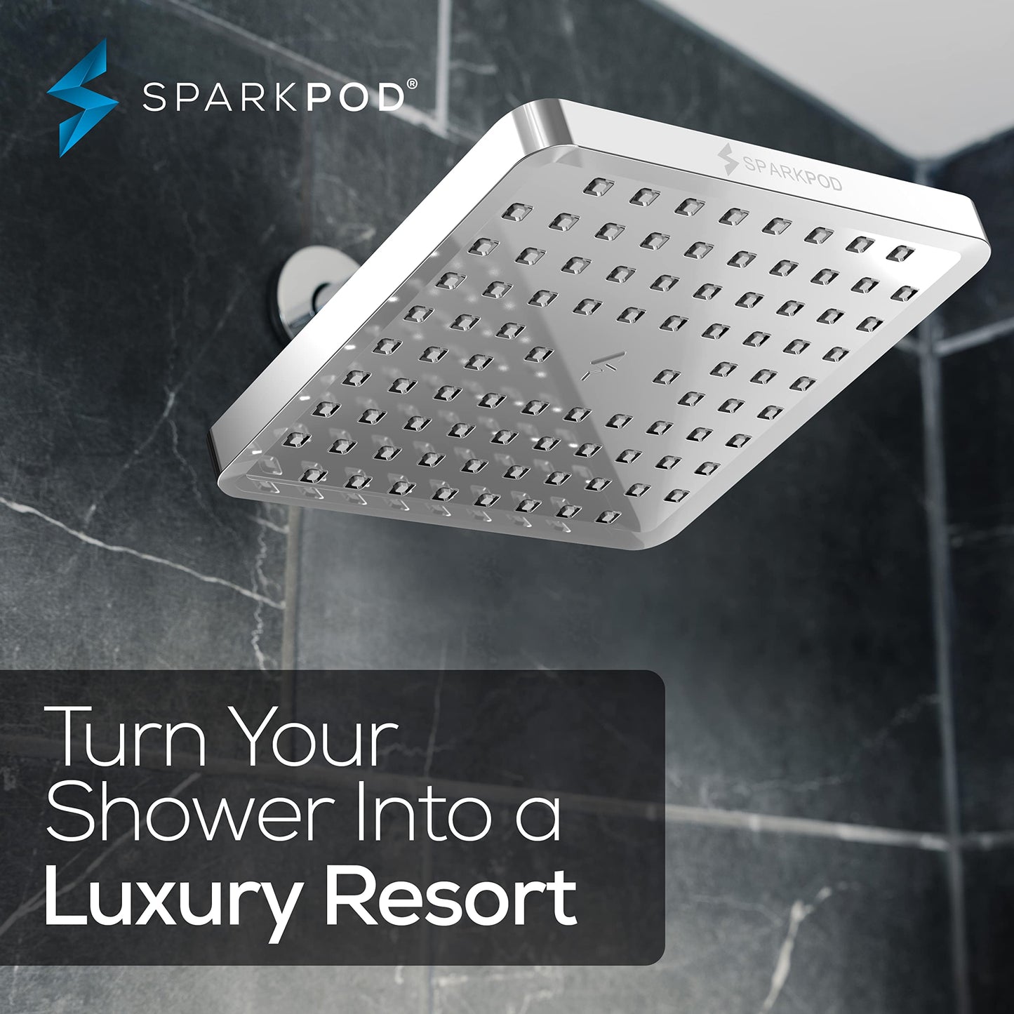 SparkPod Shower Head - High Pressure Rain - Premium Quality Luxury Design - Easy Clean Adjustable Replacement for Your Bathroom Shower Heads (Polished Chrome Finish, 8 Inch Square)