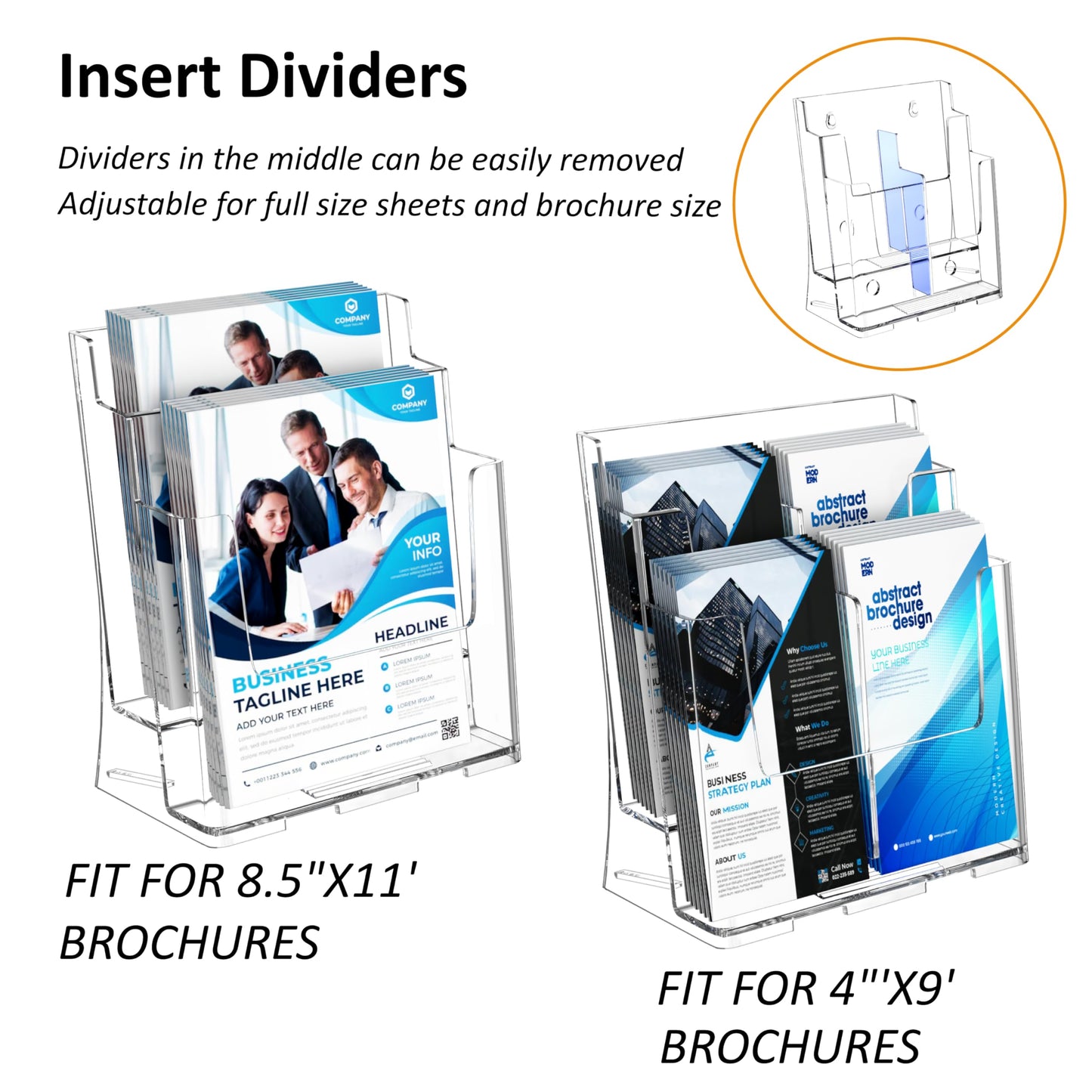 FUCDTEFC 2 Pack Acrylic Brochure Holder 8.5x11 & 4 x9 Inches, Clear 2 Tier Literature Magazine Stand Brochure Display Stand w Removable Divider Universal, Flyer Holder for Wall Mount or Countertop