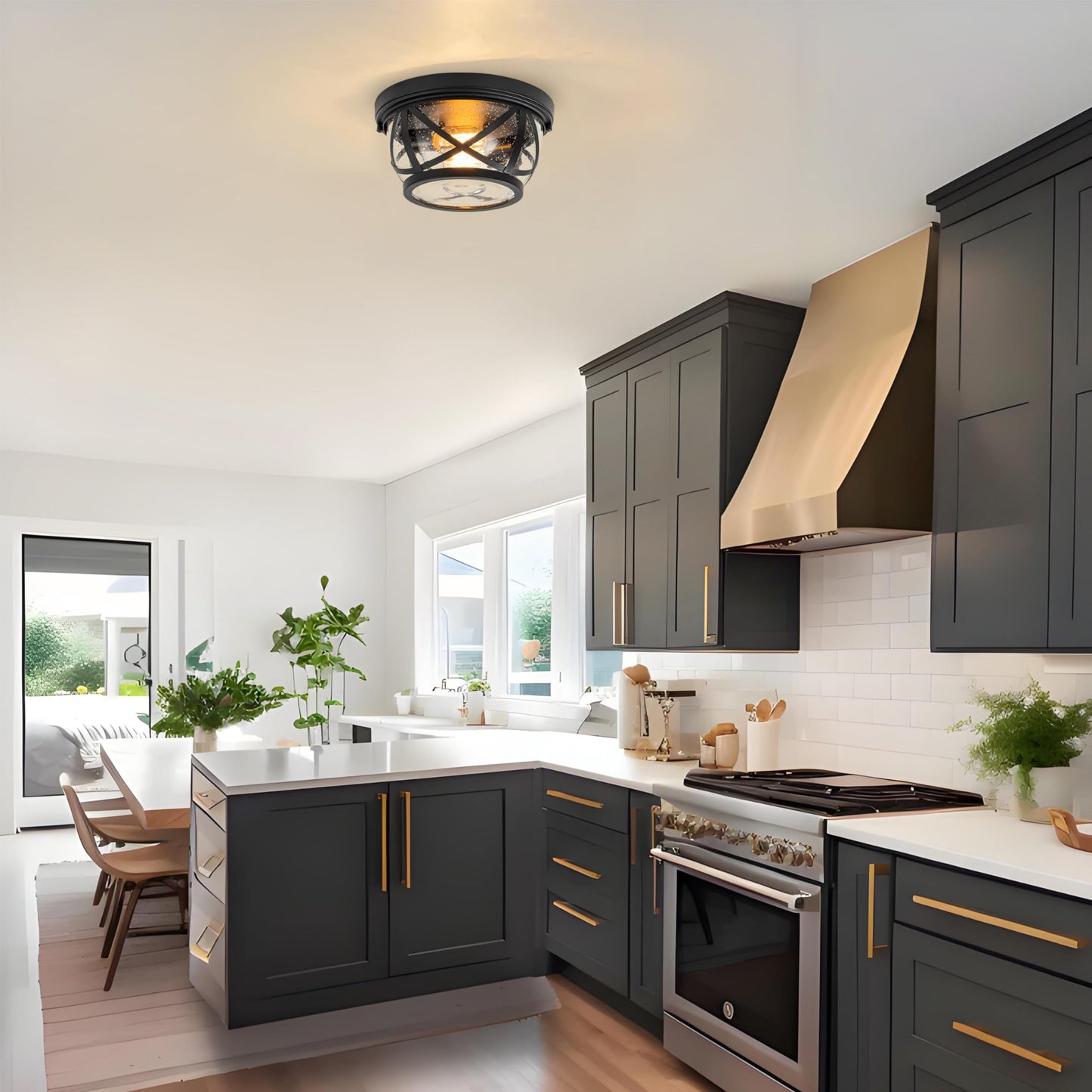 Flush Mount Ceiling Light Fixture Black, 2-Light Modern Farmhouse Porch Light Ceiling Mount for Outdoor, Indoor Flush Mount Lights Fixture for Hallway Foyer Kitchen Bathroom with Seeded Glass