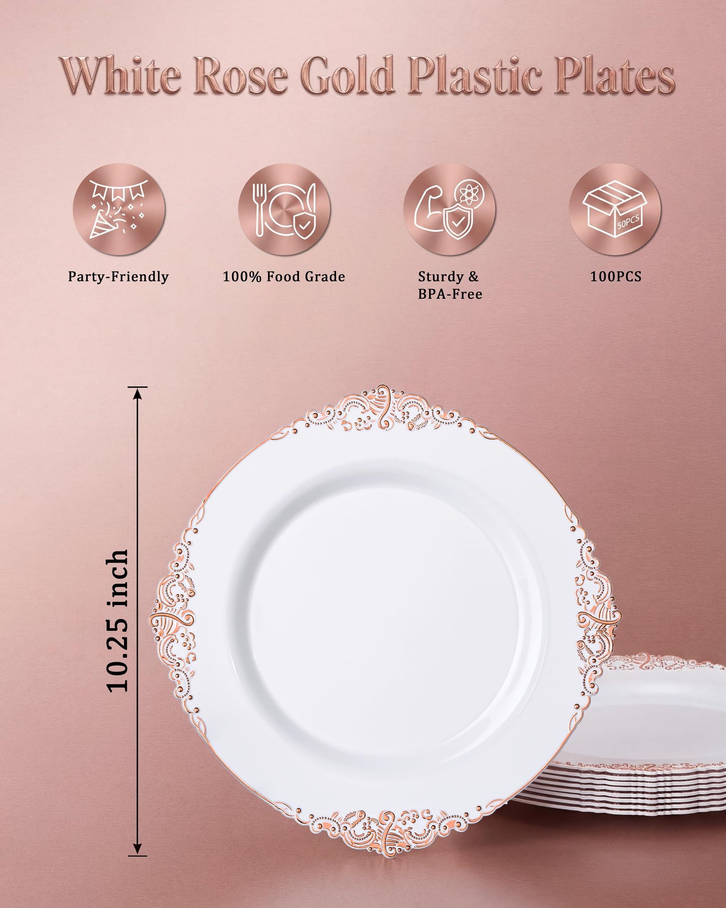 Morejoy 100 Pieces Rose Gold Plastic Plates - Rose Gold Disposable Plates - 10.25inch White Plastic Dinner Plates With Rose Gold Rim for Weddings & Parties & Graduation Party