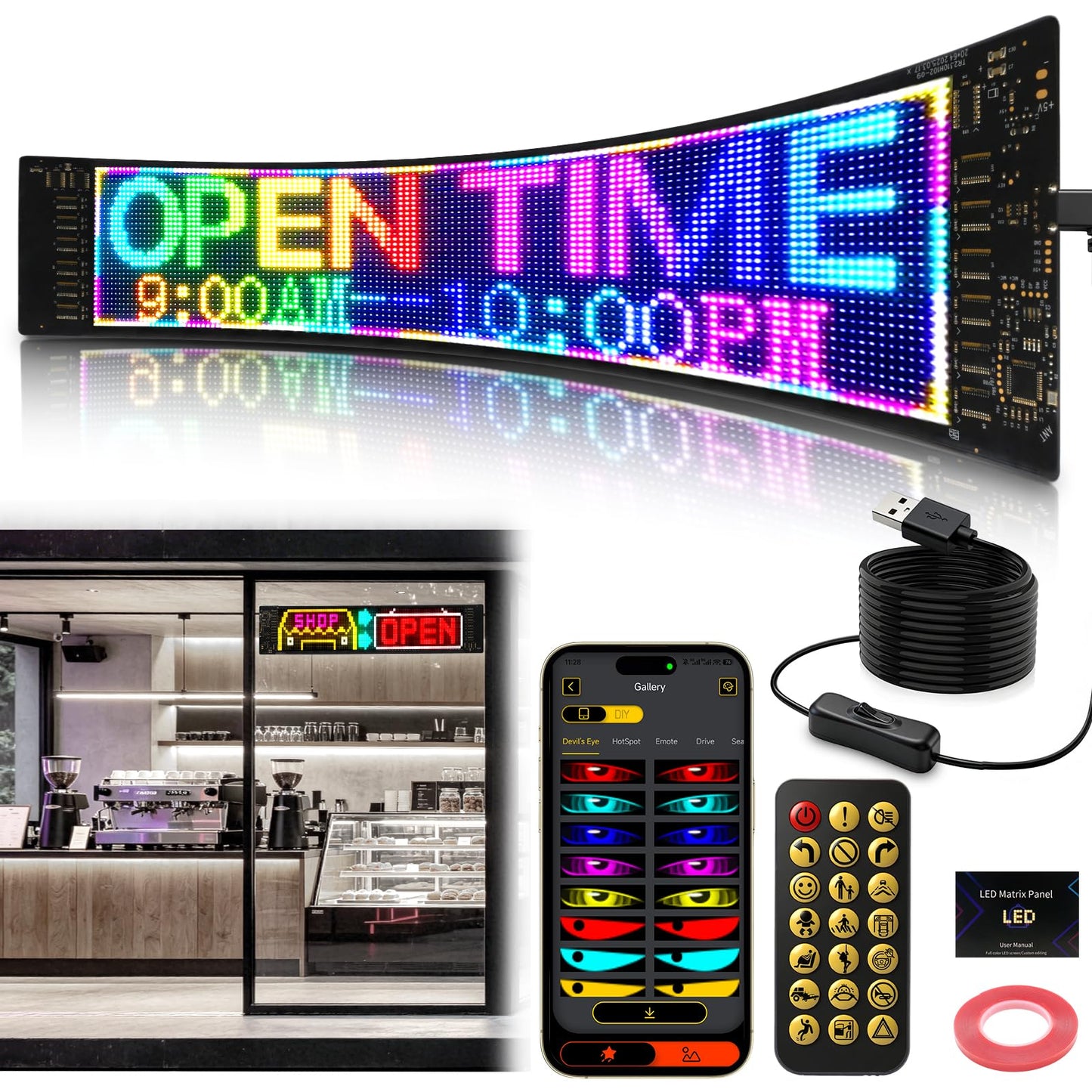 LUXONIC Super Brighter 59.5x12CM Scrolling LED Sign Display,USB 5V Flexible Programmable Screen with Bluetooth APP Control,Custom Text Pattern Animation, Waterproof RGB Signs For Car,Home,Store,Bar