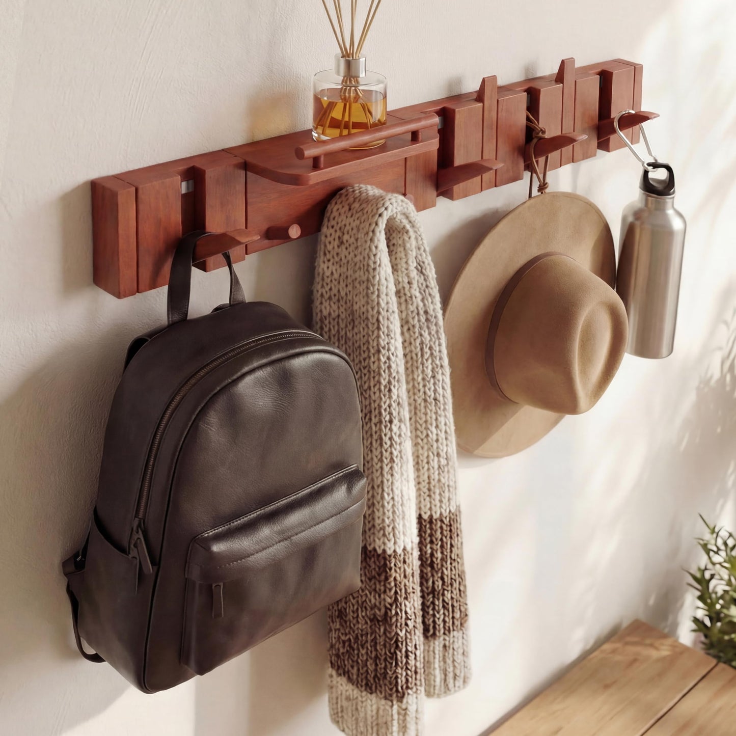 EasTeebw Mid Century Modern Walnut Foldable Entryway Wall Coat Hanger Hook with Shelf,Heavy Duty Wooden Piano Hidden Towel Hooks for Bathroom,Wall Rack for Purse&Key&Mail,Home Decor (Walnut, 9 Hooks)