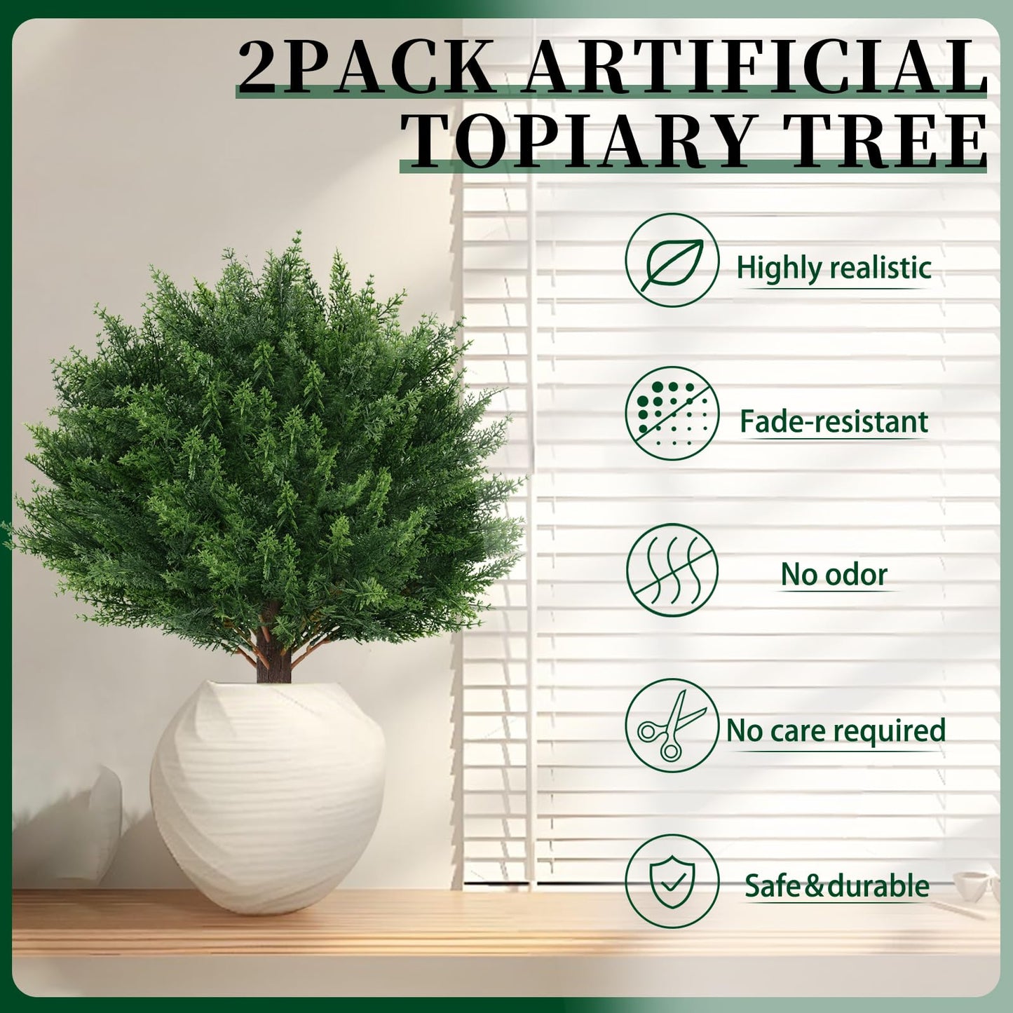 EverNature 2Pack Artificial Cedar Topiary Ball Trees, 16'' UV Resistant Fake Evergreen Shrubs Bushes Plants with Ground Spike Fake Plants for Outdoor Indoor Front Porch Garden