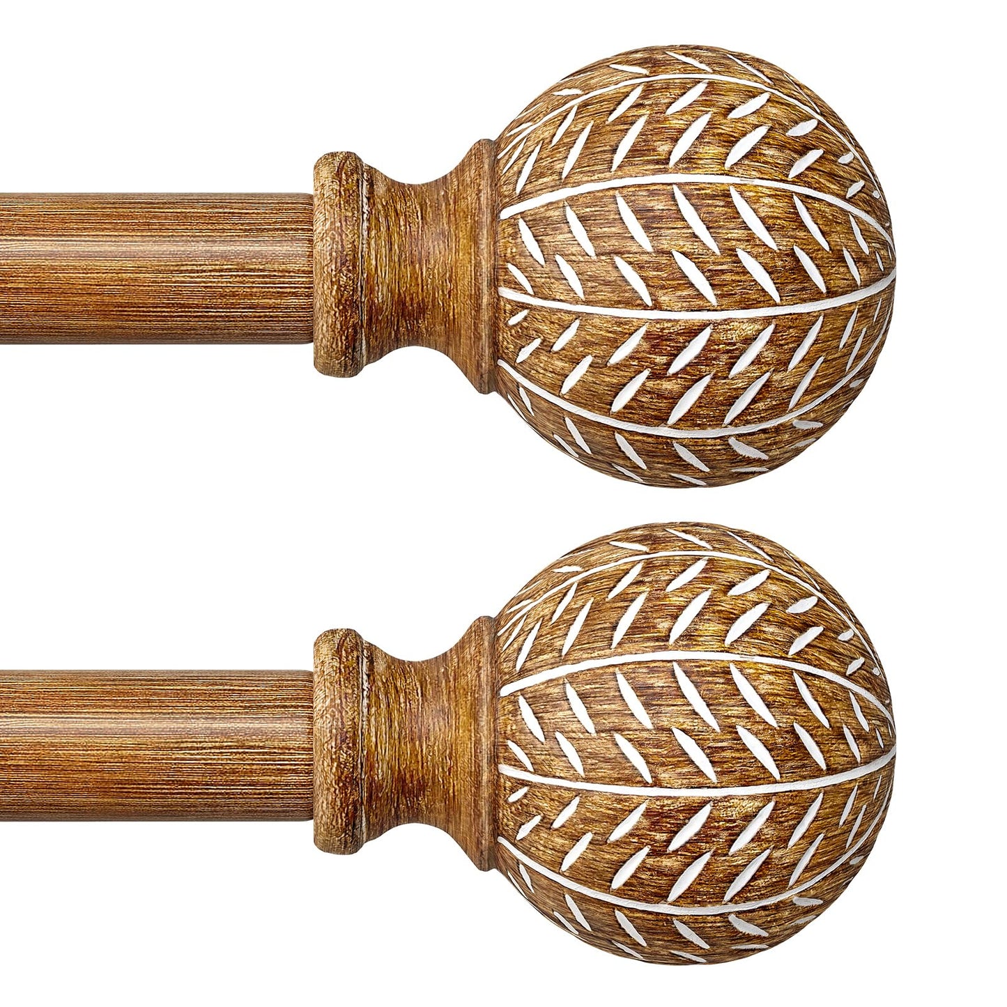 QDWIS 2 Pack Wood Curtain Rods for Windows 28 to 48 Inch,1'' Diameter Drapery Rods with Imitation Wood Grain Leaf Pattern Finials,Boho Adjustable Heavy Duty Curtain Rods Set,18-60'',Color:Natural Wood