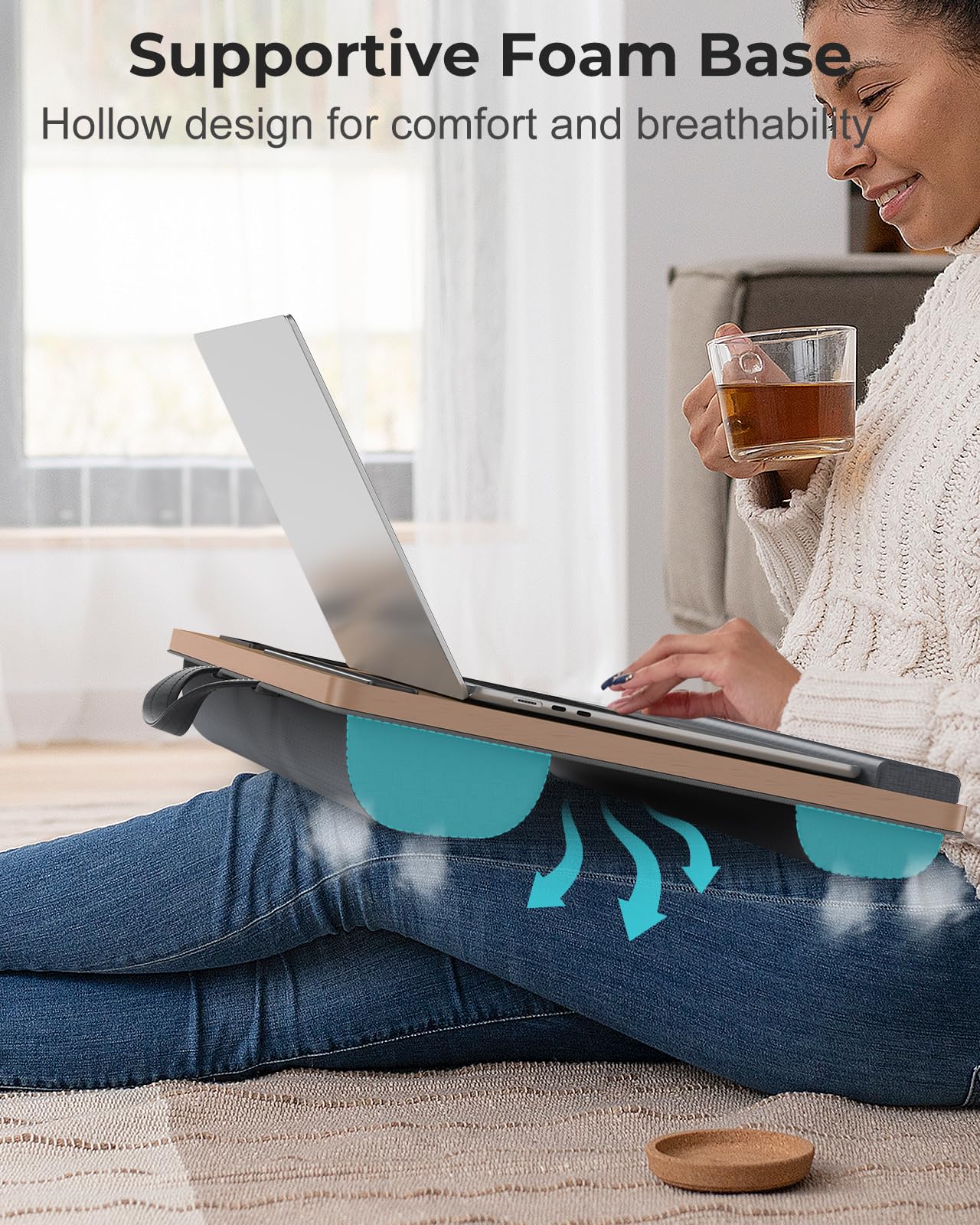 Potuopy Lap Desk - Up to 17” Laptop with Wrist Rest, Portable Handle, 2 Self-Adhesive PVC Mouse Pads, Tablet & Phone Slots, Laptop Stand for Bed with Cushion (Dark Brown Woodgrain)