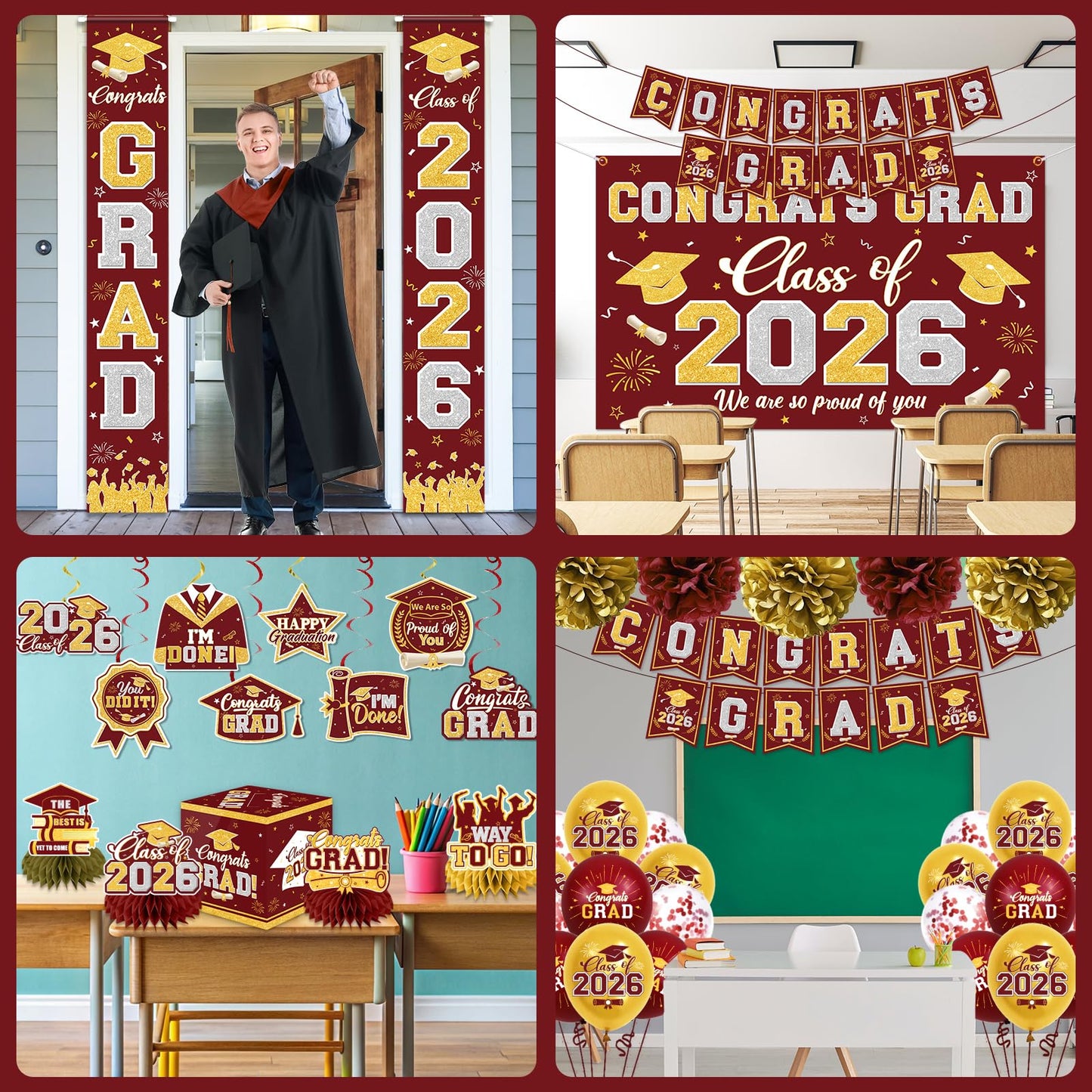 Graduation Decorations Class of 2026 Maroon and Gold Graduation Decorations with Congrats Grad Banner,Backdrop,Porch Sign,Balloons,Hanging Swirls,Honeycomb Centerpieces,Box for Graduation Party Decor