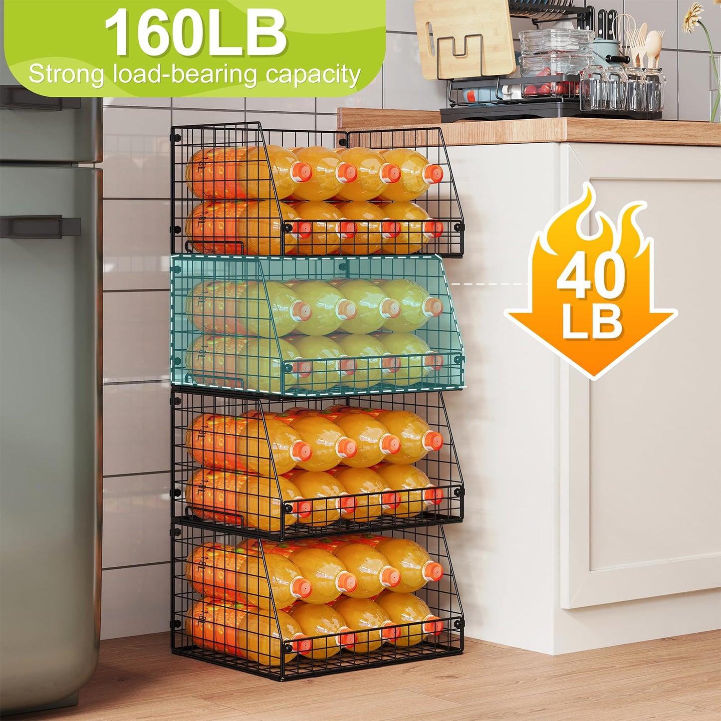 4 Pack XXL Stackable Wire Storage Basket, Extra Large Capacity Pantry Organizer and Storage, Muti-Purpose for Vegetable Fruit Basket & Can Organizer & Snack Rack & Metal Pantry Bin
