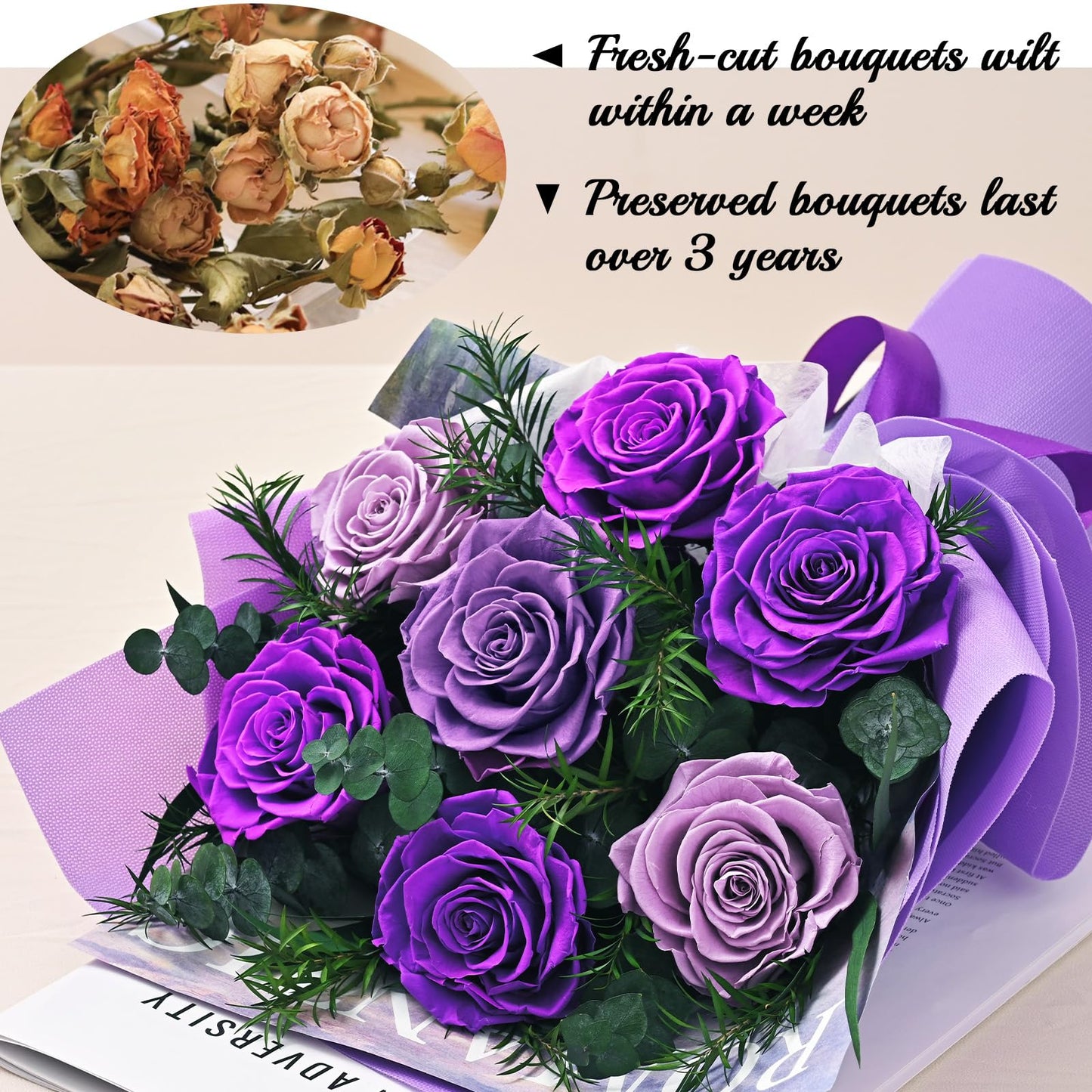 Flowers for Delivery Prime 7 Roses, Mothers Day Flowers for Mom, Mothers Day Gifts, Forever Preserved Purple Flower Bouquet Eternas Rose Birthday Gifts for Women Gf Gifts Wedding Anniversary
