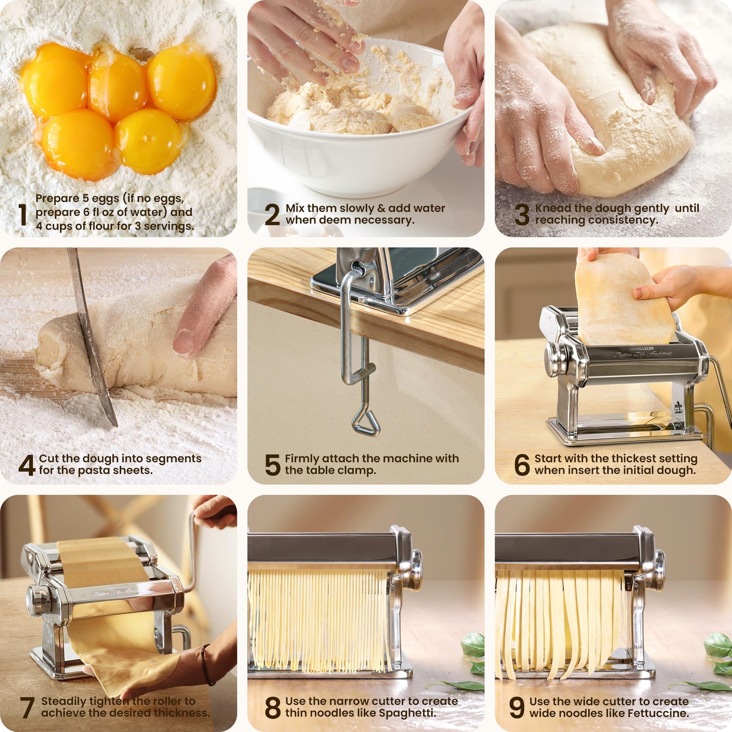 Pasta Maker Machine, 9 Adjustable Thickness Settings, 2 in 1 Dual Rollers & Cutter for Homemade Spaghetti, Fettuccini, Lasagna & Dumpling Skin
