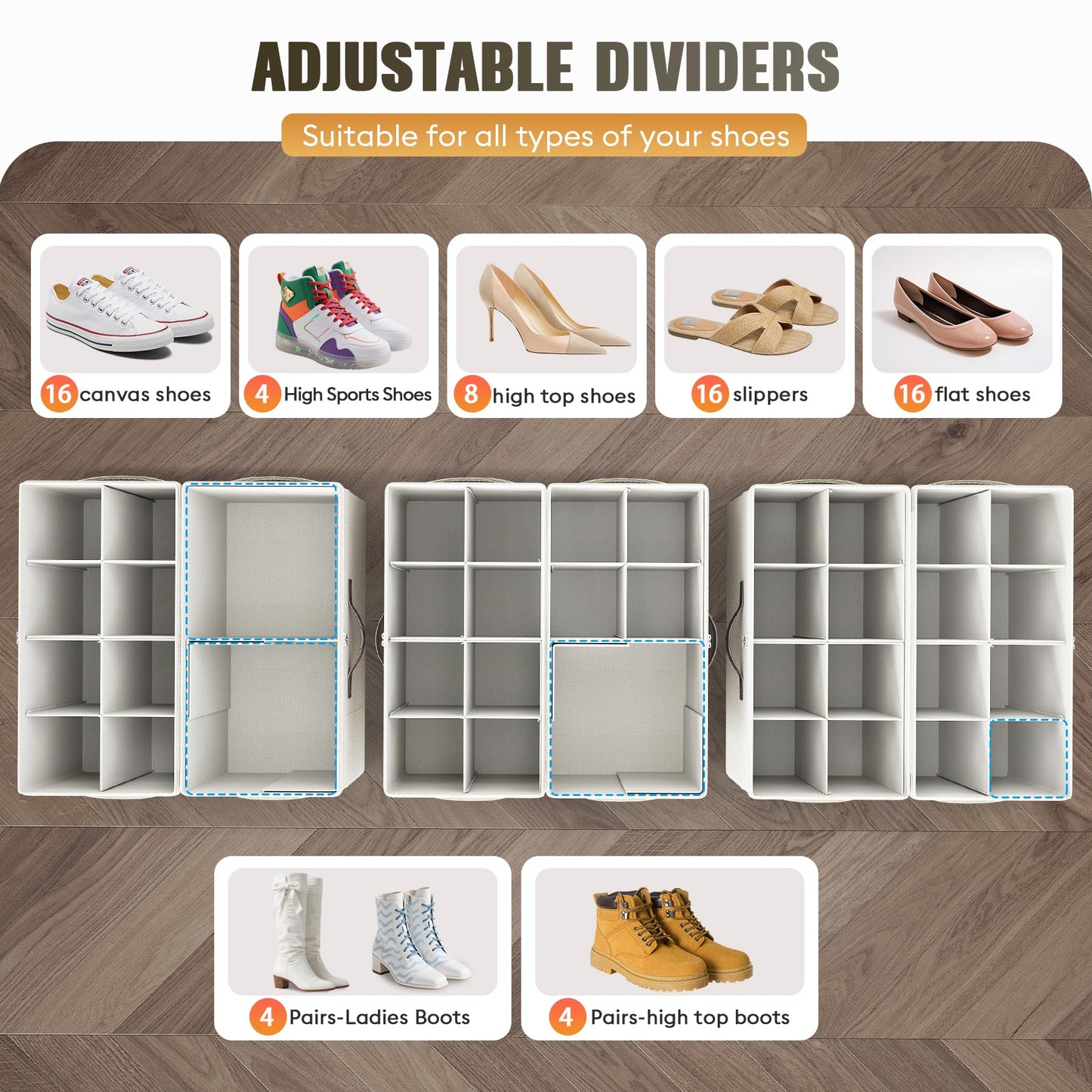 Budding Joy 2 Pack Shoe Organizer for Closet, Clear Foldable Shoe Storage Containers Adjustable Dividers Fits 16 Pairs,Shoe Storage Bins Baskets Boxes with Reinforced Handles Beige