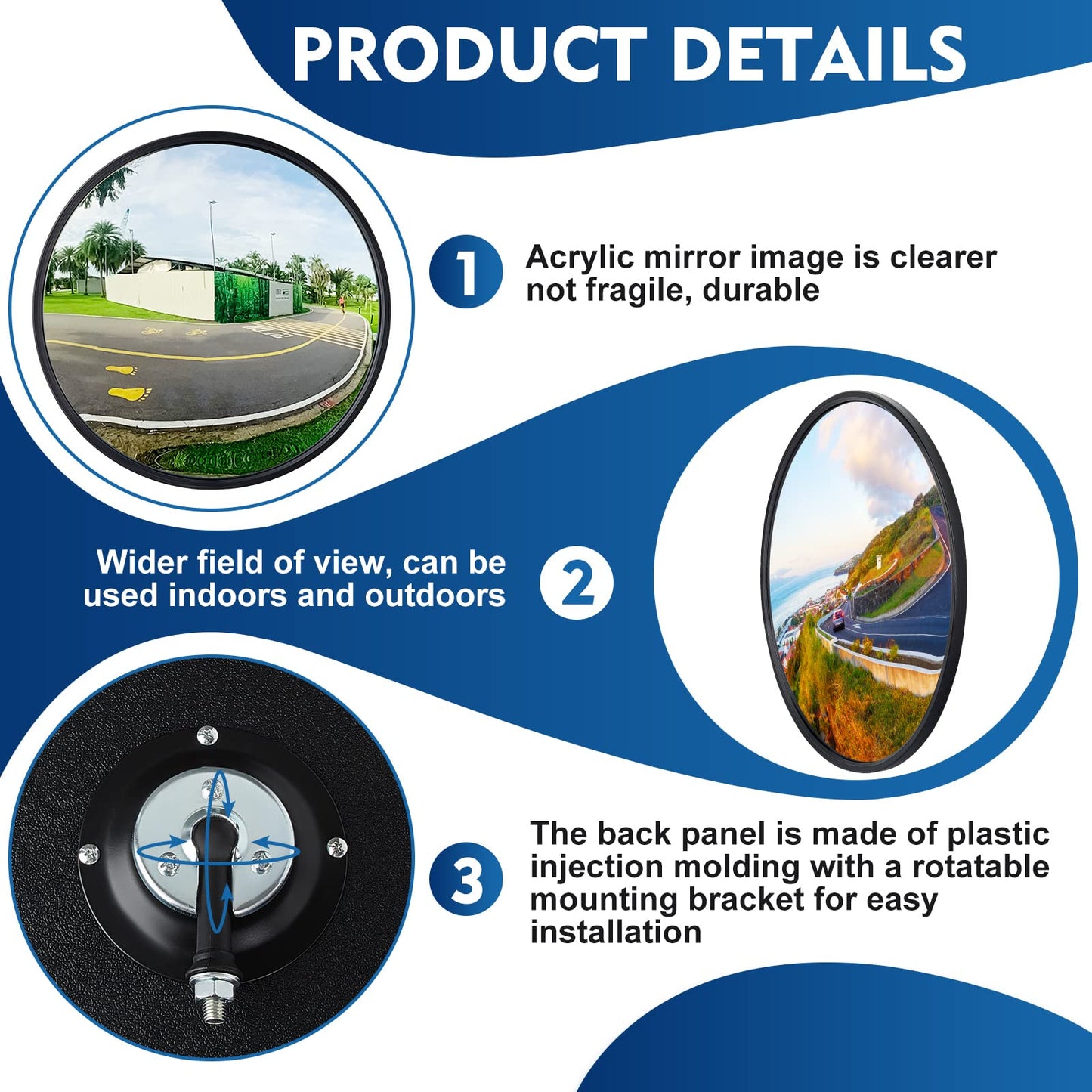 Maitys 2 Pcs Convex Mirror Acrylic Safety Security Traffic Corner Mirrors Adjustable Wide Angle View with Fixing Bracket for Indoor Outdoor Garage School Classroom Warehouse(12 Inch)