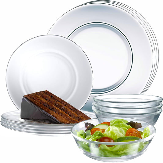 12pc Glass Dinnerware Set - Sleek Round Clear Glass Plate and Bowl Sets - Dishwasher Safe, Bread & Butter Dinner, Dessert, Salad Plates & Serving Cereal Soup Bowls Dishes for Kitchen Dining & Parties