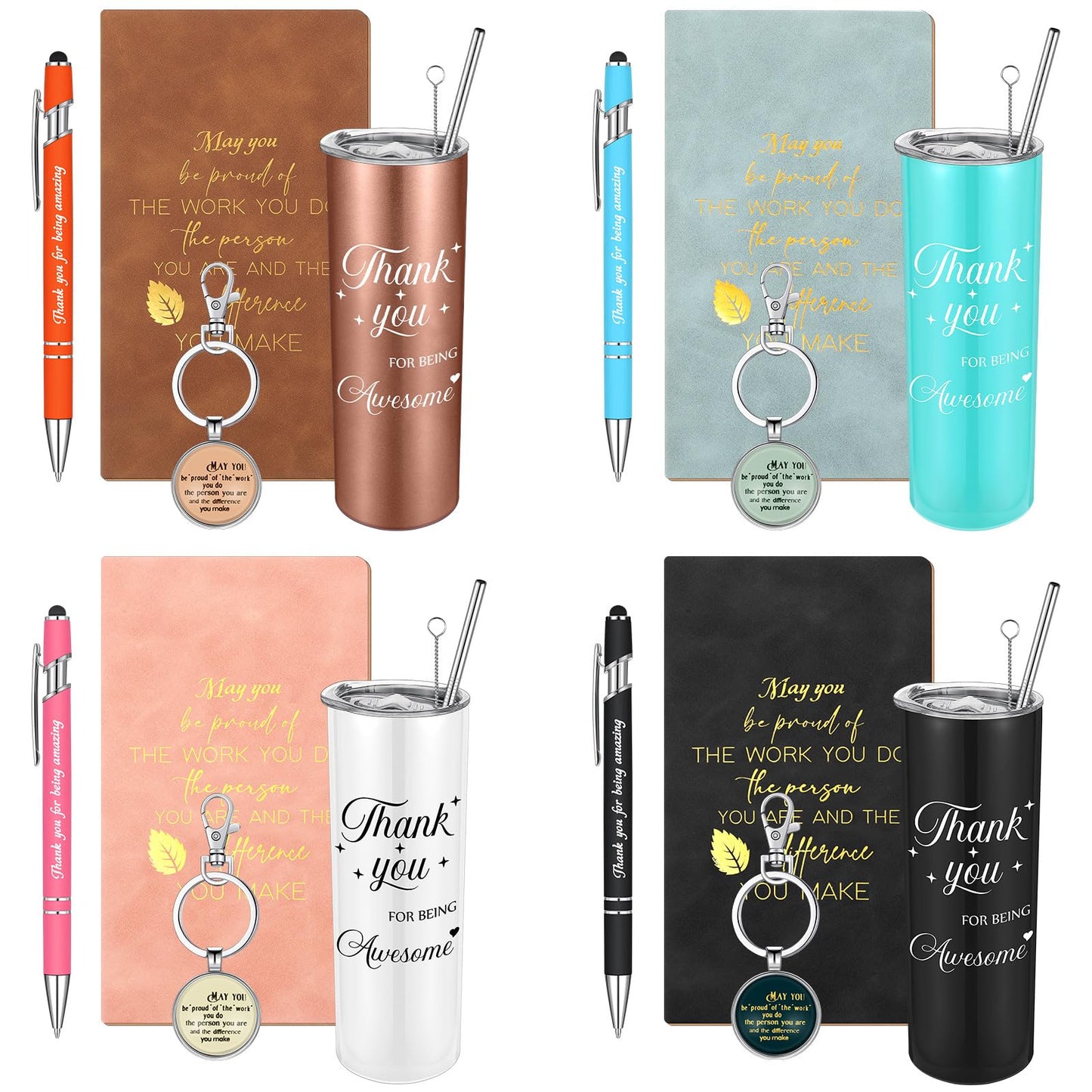 Ireer Employee Appreciation Gifts Thank You Teacher Gifts 20 oz Insulated Tumbler Keychain Pen Notepad(Classic Colors,4 Sets)