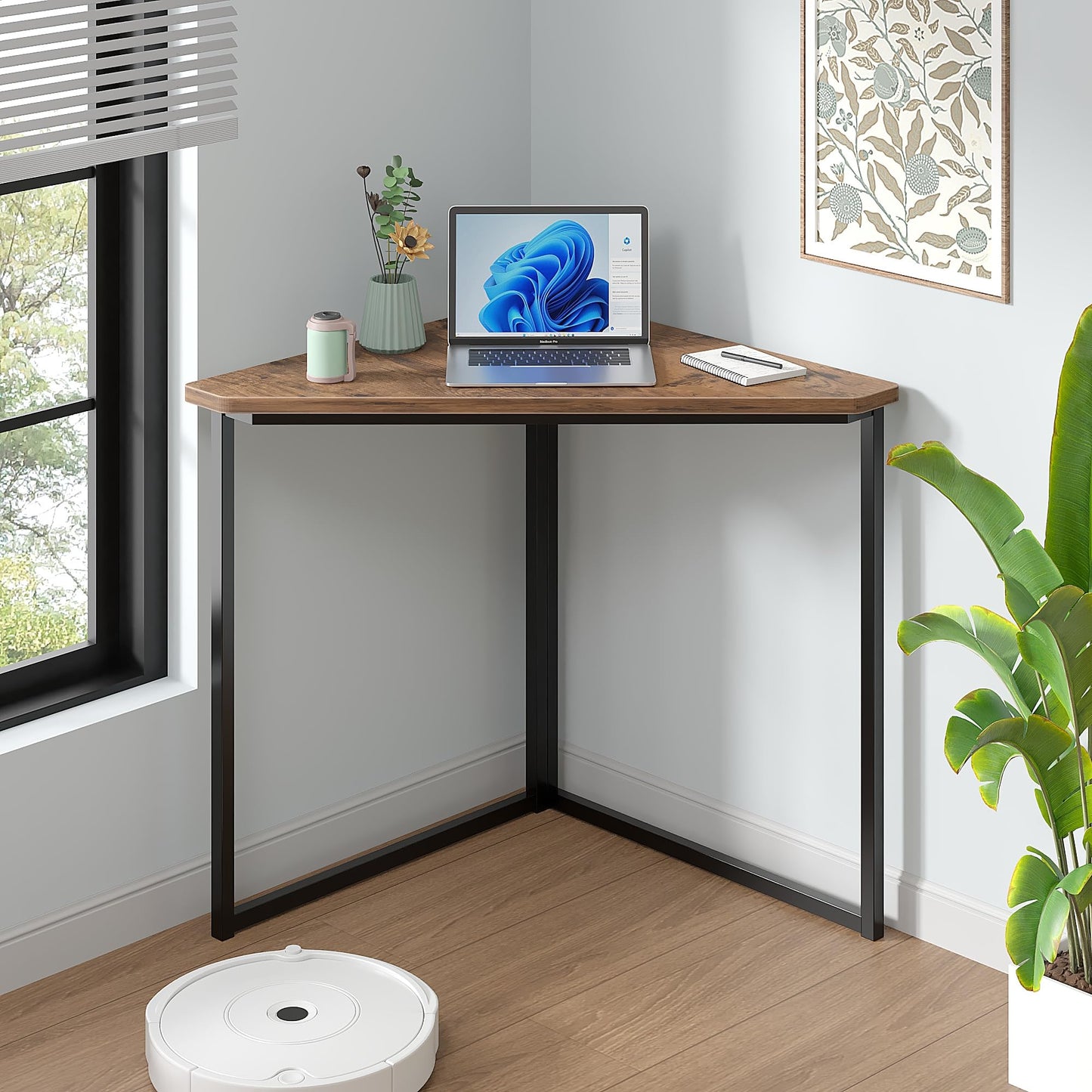 VECELO Ϲоrnеr Desk, Corner Tables for Living Room for Small Space Triangle Computer Desk with Steel Frame Ϲоrnеr Shelves with Metal Frame Ϲоrnеr Writing Desk for Workstation Retro Brown 33.1"