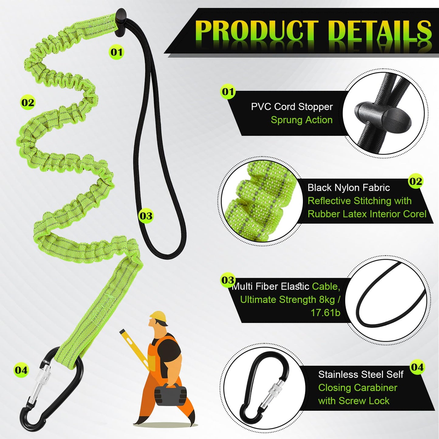 12 Pack Tool Lanyard with Single Metal Buckle and Adjustable Loop End, Standard Length, Maximum Weight Limit 8KG/ 17.6lb, with Aluminum Screw Lock, Retractable Shock Cord Stopper (Green)
