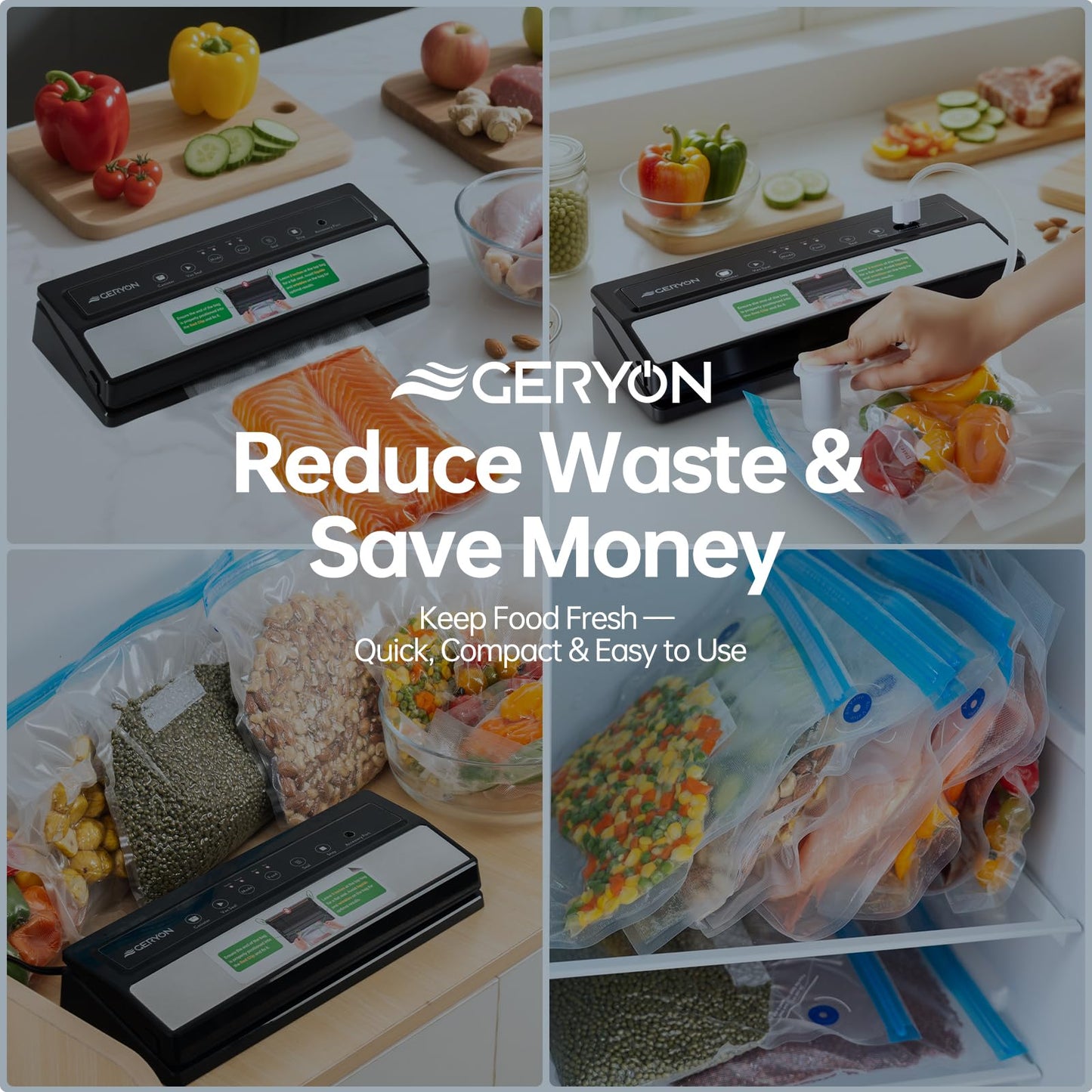 GERYON Vacuum Sealer Machine for Dry & Moist Food, Works with Reusable Vacuum Bags, Compact Design with LED Touch Controls, Includes Reusable Bags & Roll for Sous Vide & Freezer Storage