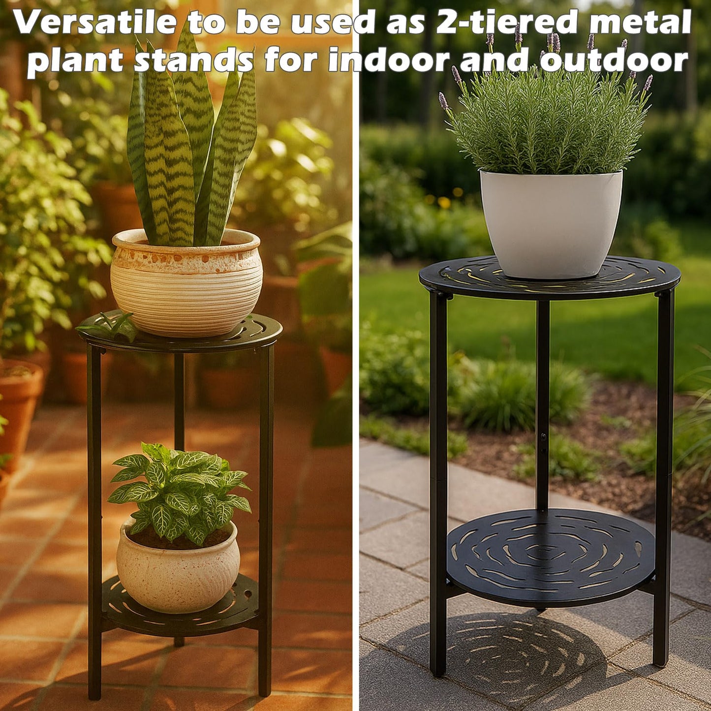 lucpur 2-Tier Metal Round Side Table Black Accent Coffee Tables Small Space Corner Plant Stand Shelf for Indoor Outdoor Use Patio Balcony End Table Laser-Cut Floral Pattern Weather-Resistant