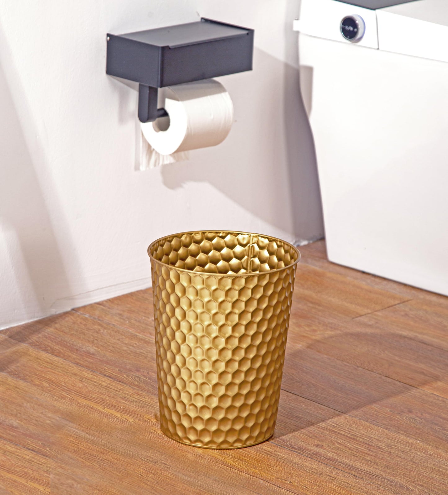 Venalys Small Metal Trash Can Wastebasket, Decorative Honeycomb Garbage Can Waste Basket, Modern Farmhouse Round Trash Bin for Bathroom, Bedroom, Kitchen and Office (Gold)