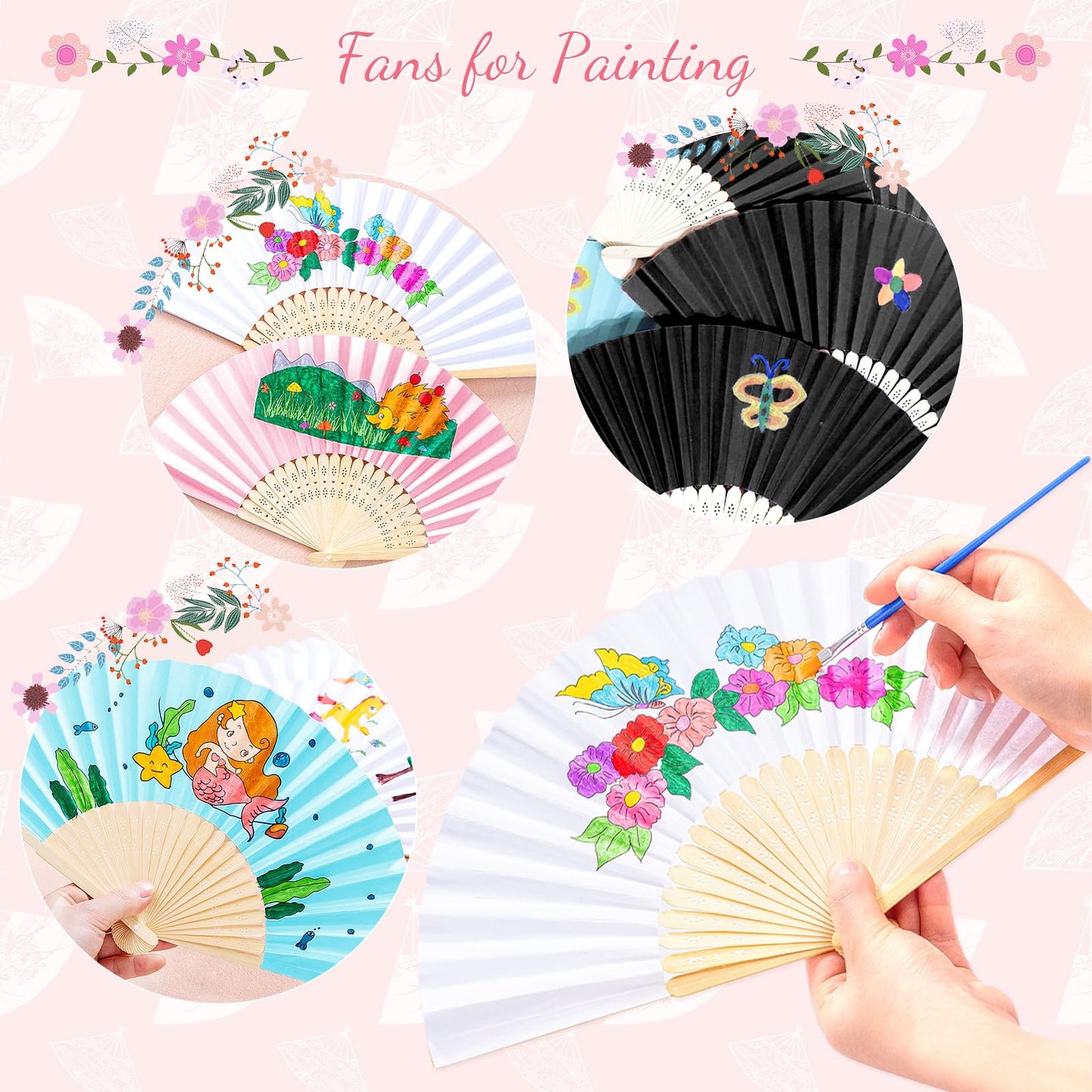 Grosun 50 Packs White Paper Fans Paper Hand Fan Bamboo Folding Fan Handheld Fan Paper Folded Fan Paper Fan for Wedding Party and Home Decoration
