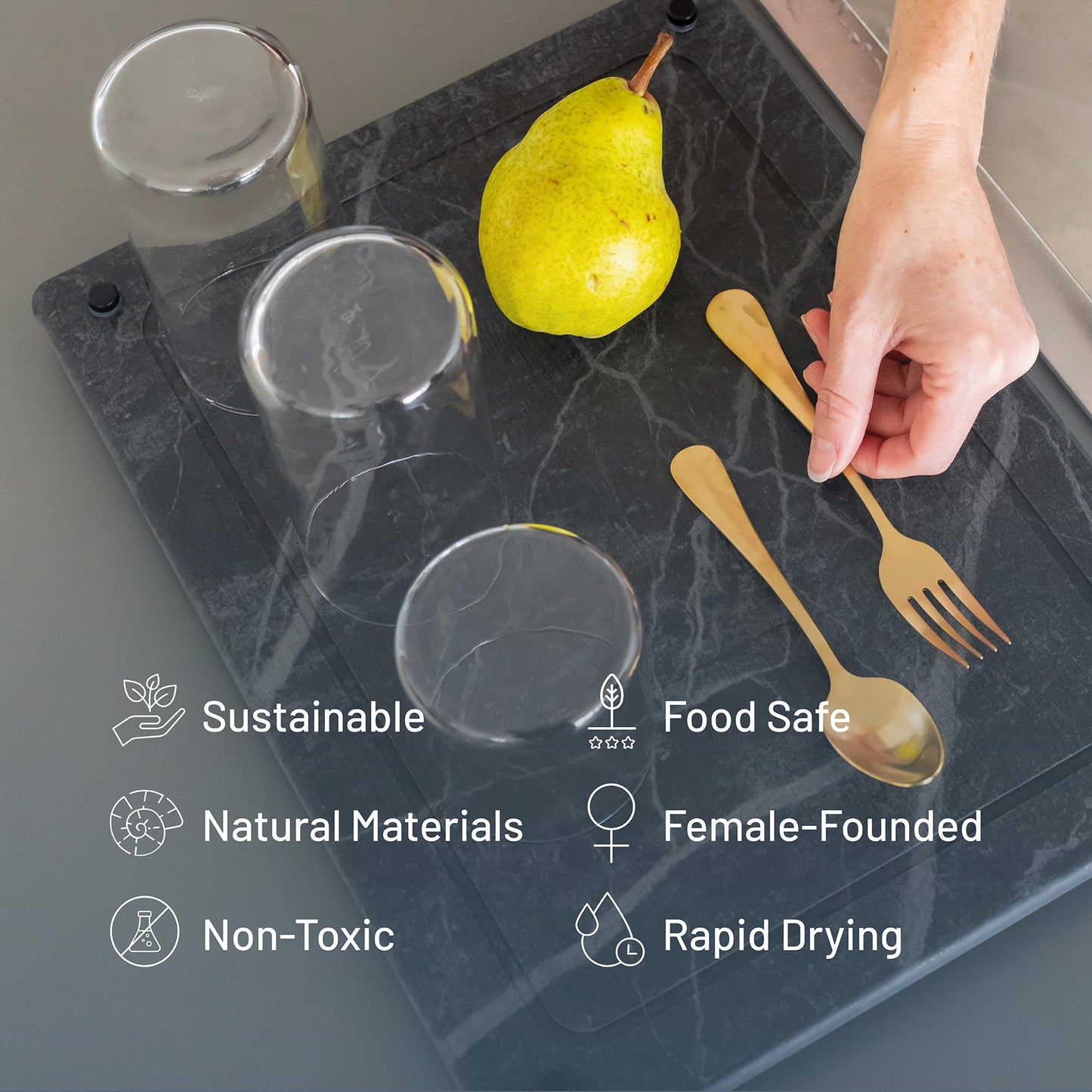 Siren Stone Natural Stone Dish Drying Mat 15.7" x 11.8", Slate Color - Diatomaceous Earth Kitchen Mat | Quick Drying, Non-Toxic, BPA-Free, Eco-Friendly | Female-Founded USA Brand