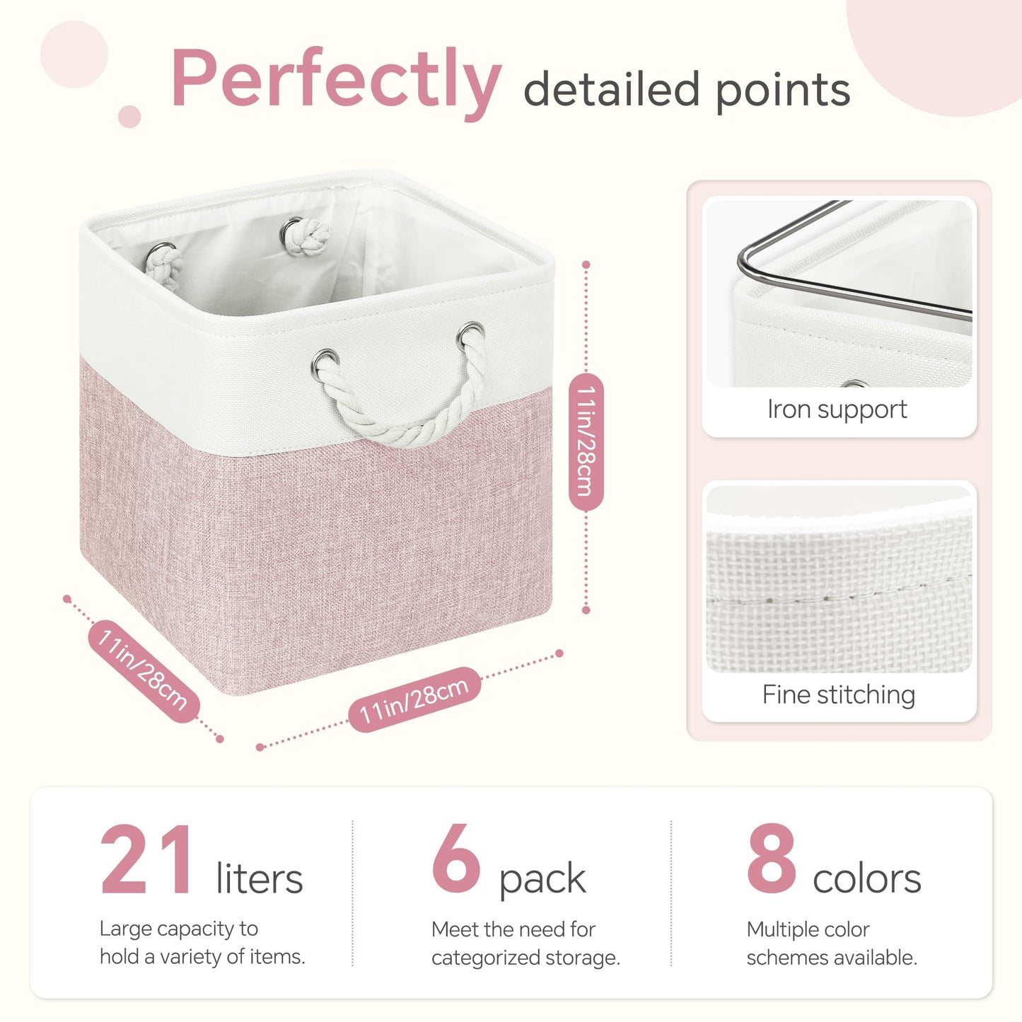 FinishingBo Cube Storage Bins, 6 Pack 11x11 inch with Cotton Handles for Closet, Shelves, Clothes, Towel (White/Pink)