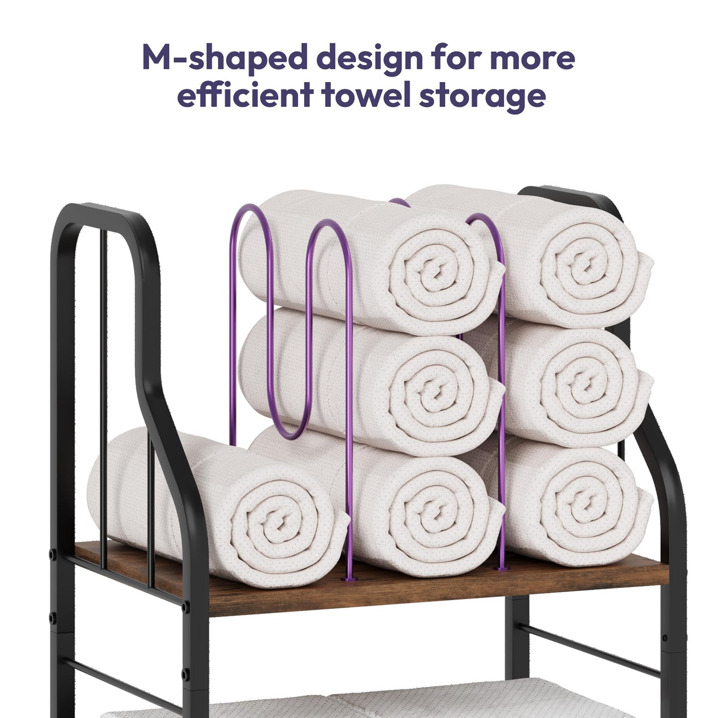 SWTYMIKI Free Standing Towel Rack - 3 Tier M-Shaped Detachable Dividers Towel Shelf for Bathroom, Durable Metal Pool Towel Holder, Modern Space-Saving Bath Towel Storage Organizer