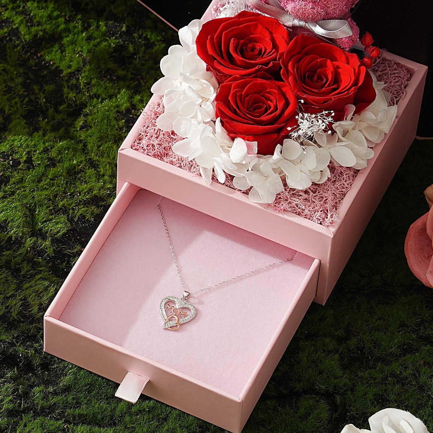 ADDWel Gifts for Mom Birthday - Real Preserved Rose Gift with 925 Sterling Silver Mom Necklace and Cute Teddy Bear, Timeless Elegant Gift from Husband Son or Daughter, Unique Moms