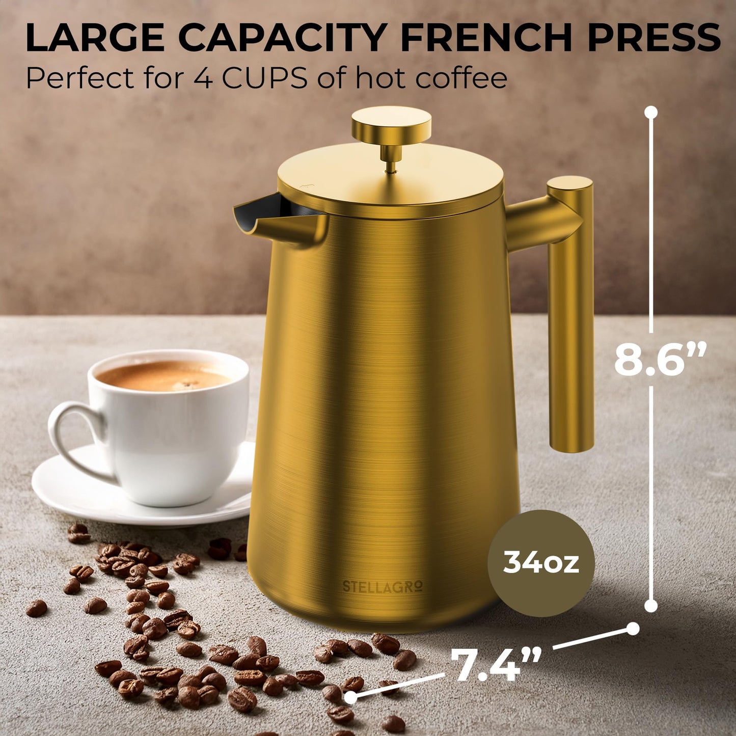 STELLAGRO French Press Coffee Maker, Stainless Steel French Press 34 Oz / 1L, Double Wall Insulated Coffee Press with 3 Extra Mesh Filters, Metal Coffee Maker for Coffee & Tea, Satin Finish, Gold
