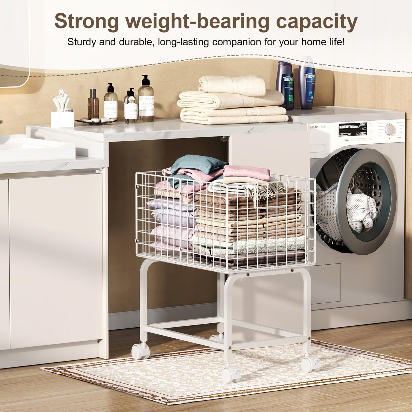 Wire Laundry Cart with Wheels,80L Rolling Laundry Basket Trolley with Pull Handle,White High Laundry Basket Cart for Laundry Room,Bathroom,Bedroom-White(23.6 * 15.75 * 28inch)