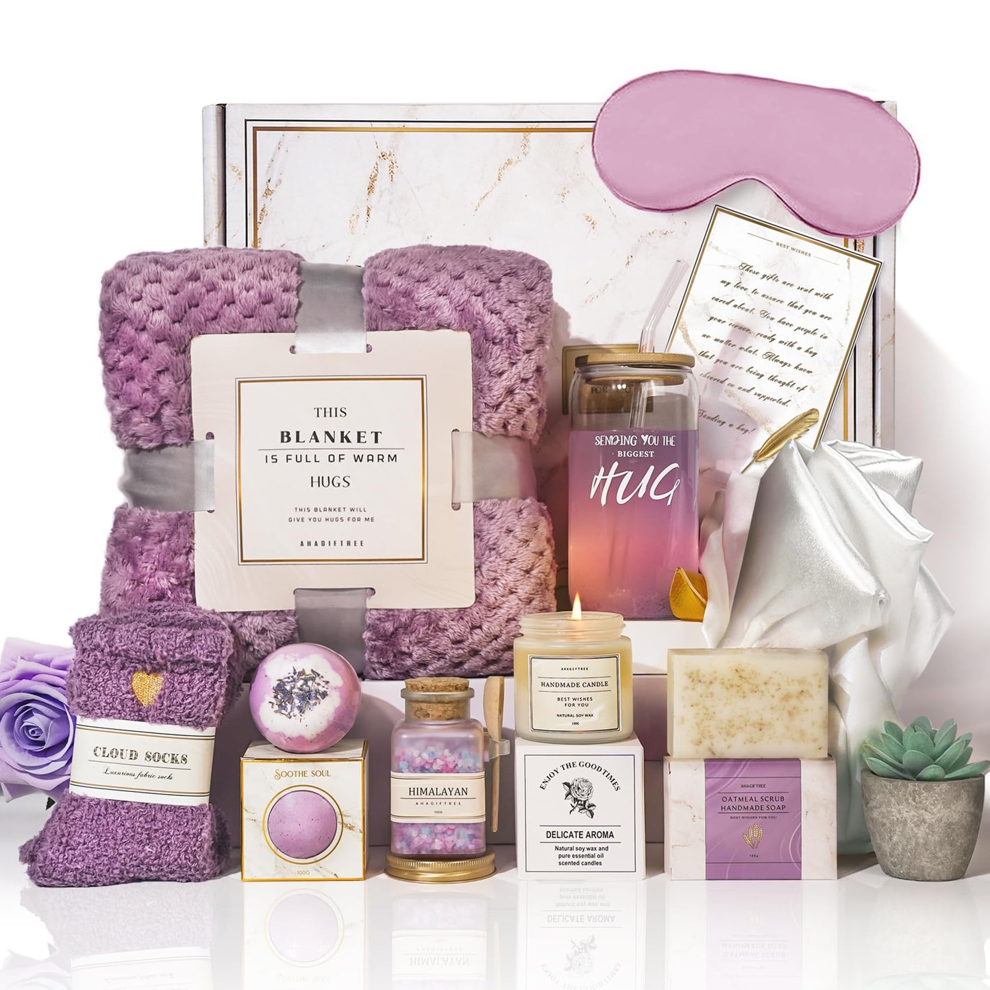 AHAGIFTREE Gift Baskets For Women,12PC Birthday Gifts,Mother's Day Thinking Of you Gifts for Women,Care Package,Grief,Sympathy,thank you,Condolences (Purple)