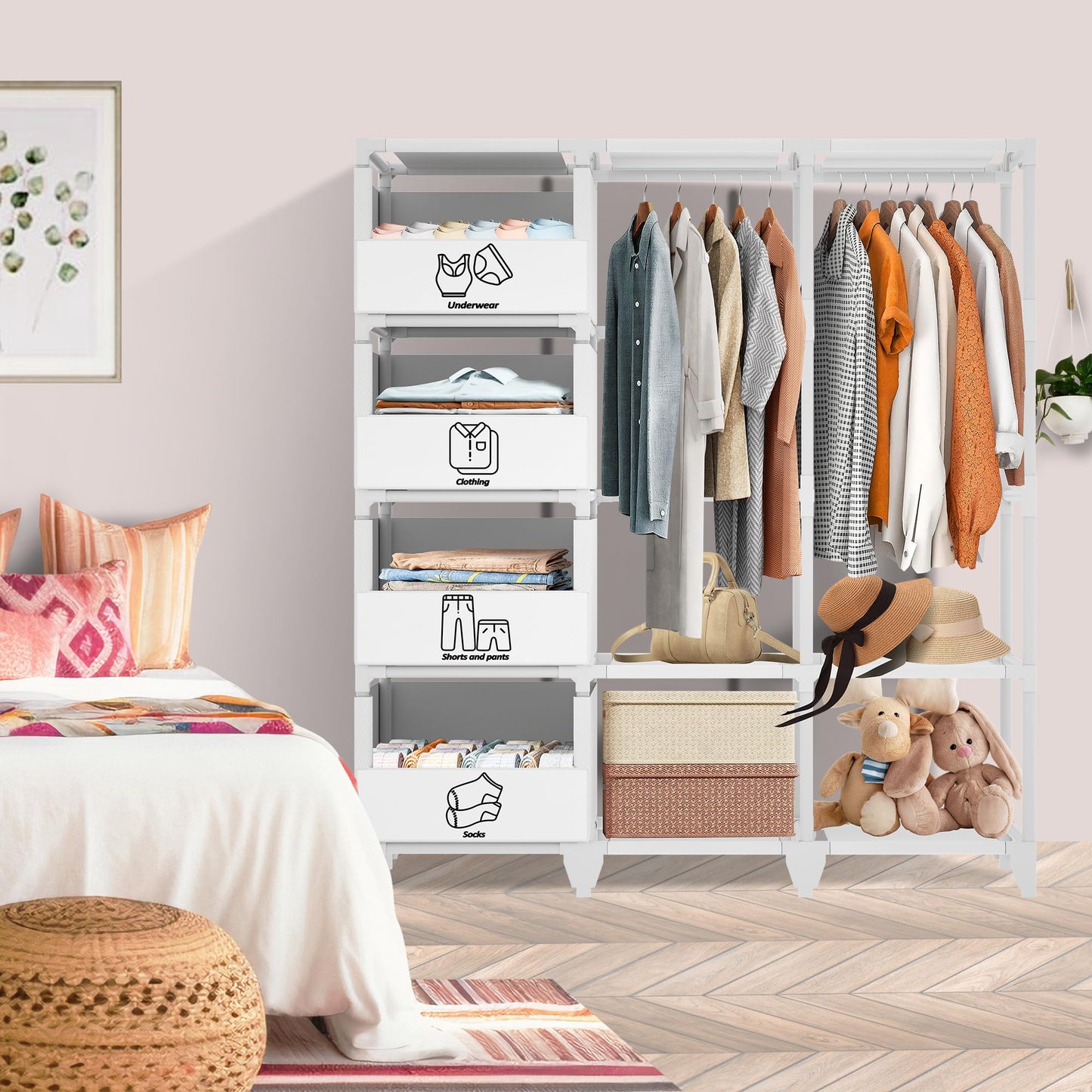 Jofuler Portable Closet, Easy Assembly, Large Capacity Wardrobe Closet, Sturdy and Stable Clothes Rack with Shelves 4 Storage Baskets and 2 Hanging Rods, for Bedroom and Cloakroom White