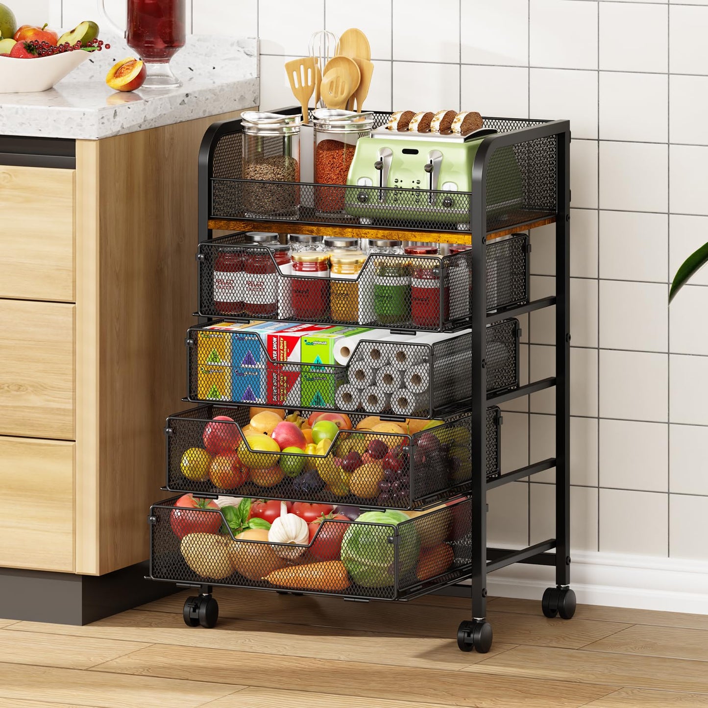 LUMAMU 5-Tier Rolling Kitchen Cart with Drawers - Kitchen Storage Cart on Wheels,Pantry Snack Cart,Fruit and Vegetable Storage Cart with Wood Top,Rolling Utility Cart for Potato and Onion Storage