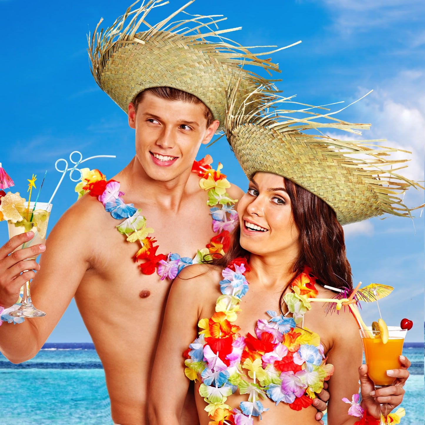 Hercicy 10 Pcs Adult Hawaiian Luau Straw Hats Pava Hat Puerto Rico Beachcomber Hats for Party Costumes Accessories Decor(Khaki)