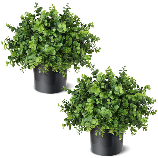 Set of 2 Artificial Eucalyptus Topiary Ball Trees for Front Porch Decor - 17" Faux Eucalyptus in Pot,Realistic Fake Eucalyptus Leaves Potted Plant for Farmhouse Home Front Door Outdoor Decor (Green)