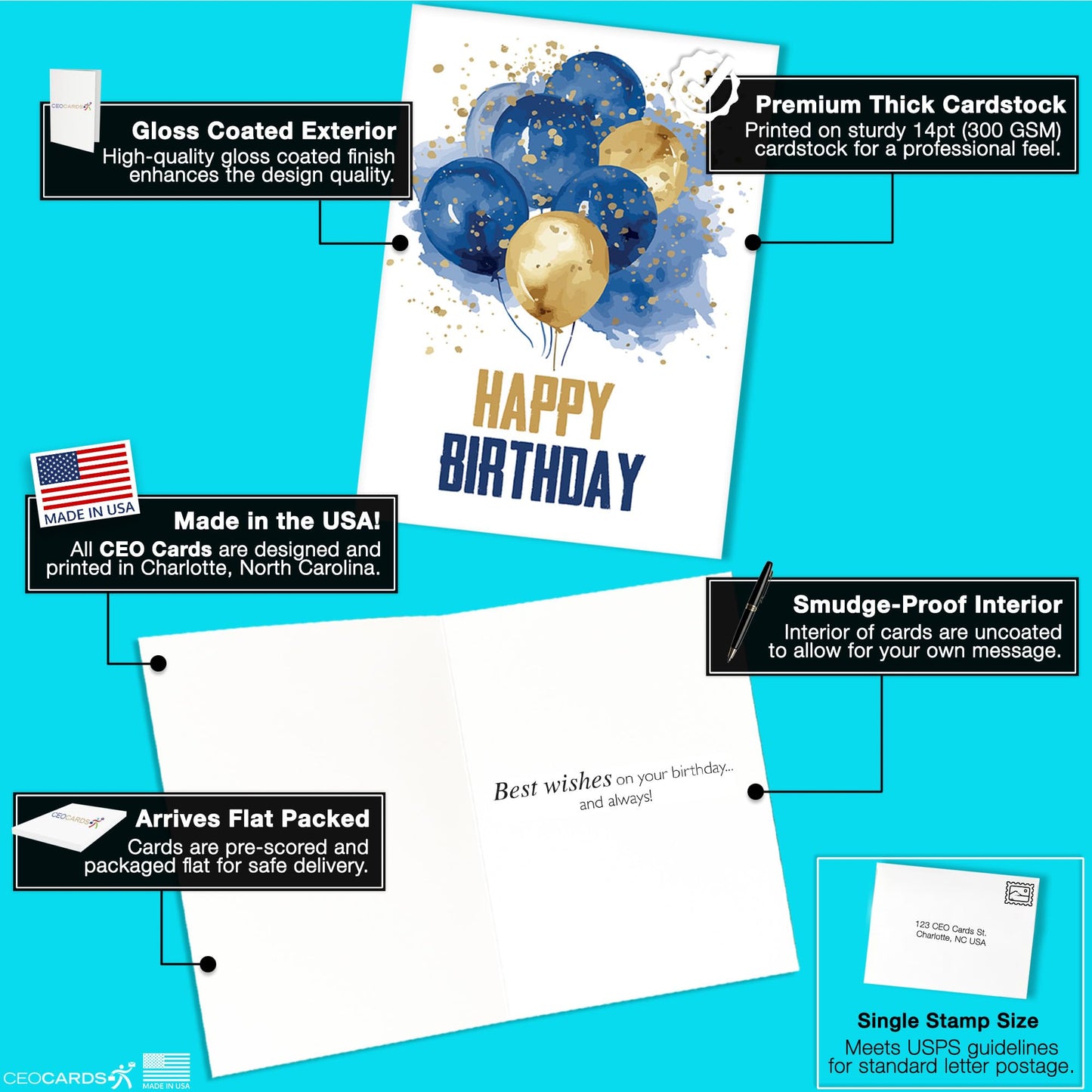 Happy Birthday Cards with Envelopes (25 Assortment Pack – 5 Designs) Bulk Birthday Card Set for Family & Business (5x7 inch – A7) Office, Work, Coworkers, Employees, Clients (VP2411) Made in USA