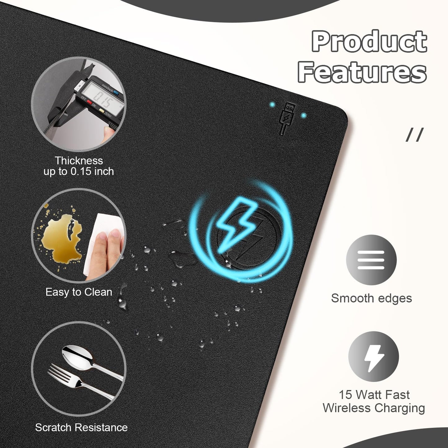 Wireless Charging Mouse Pad Firelison 2 in 1 Leather Multifunctional Office Desk Pad with Non-Slip Rubber Base, Waterproof Desk pad for Computers/Office/Work/Home/Decor（ 36" x 17"Black - R）