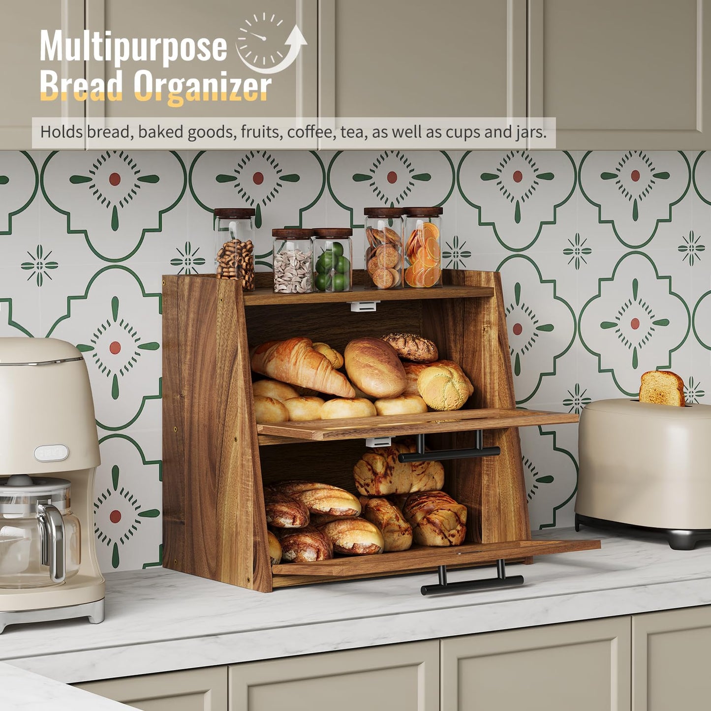 Furshus Bread Box for Kitchen Counter, Wooden Double Layer Bread Storage Container Bin,Bread Holde,Countertop Bread Storage with Window