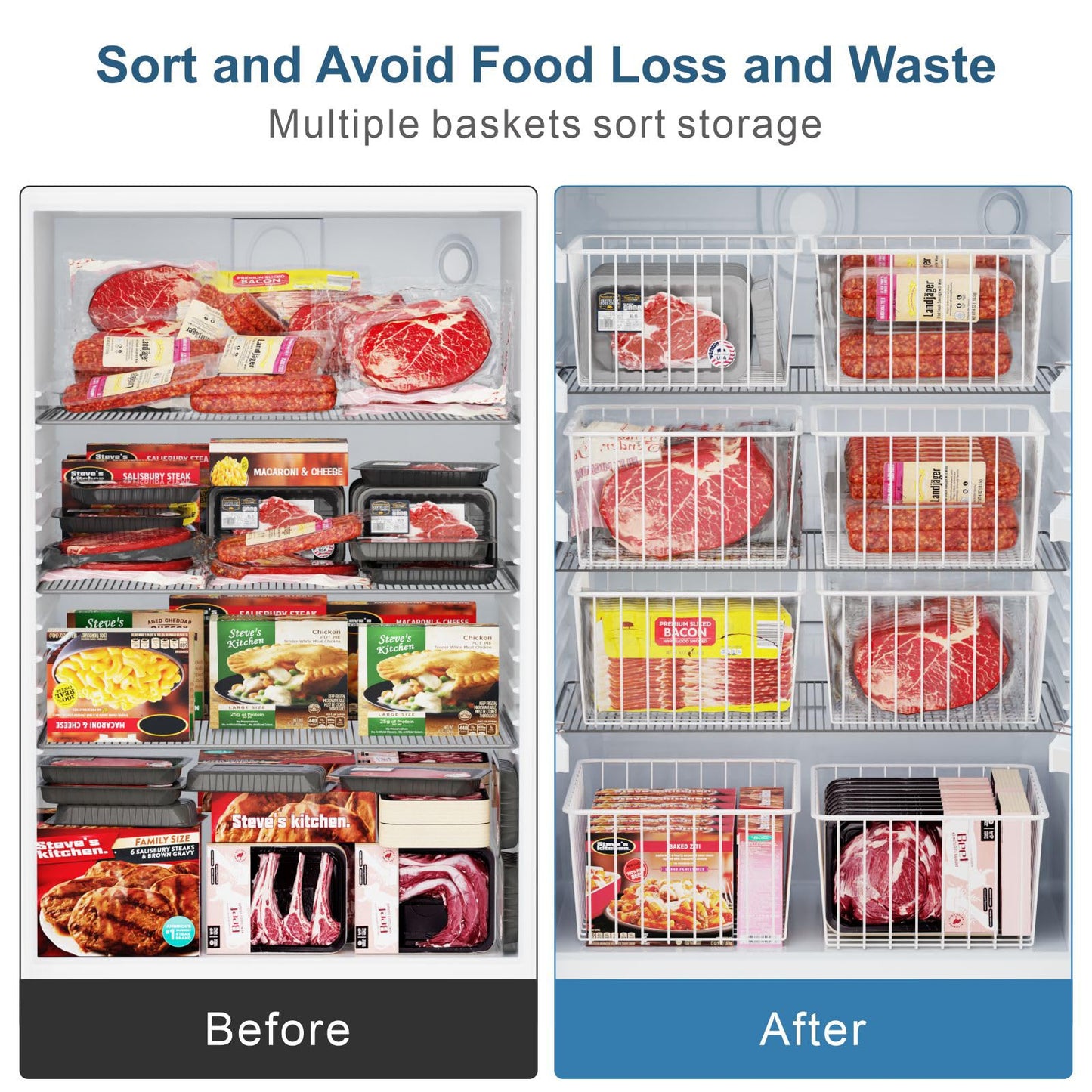 iSPECLE Upright Freezer Organizer Bins - Fits 14 to 15.5 Cu.Ft Stand up Freezer, 4 Pack Medium Upright Baskets, High-Sided Easy-View Design for Better Airflow, White