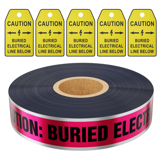 1000 Feet Caution Buried Electric Line Below Red/Black Print Safety Tape with Above-Ground Caution Tag, 2 Inch x Foot 5 Mil, Detectable 2-Inch