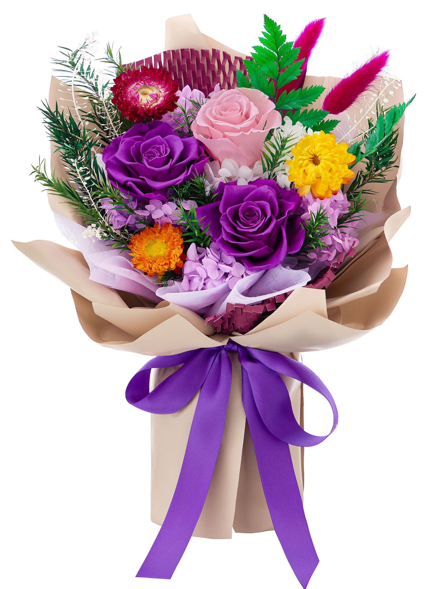 Flomoon Forever Flowers Gifts for Mom, Mothers Day Preserved Flowers Bouquet Birthday Gifts for Her, Preserved Roses for Grandma Wife Anniversary Valentines Day Christmas (Purple Paper)