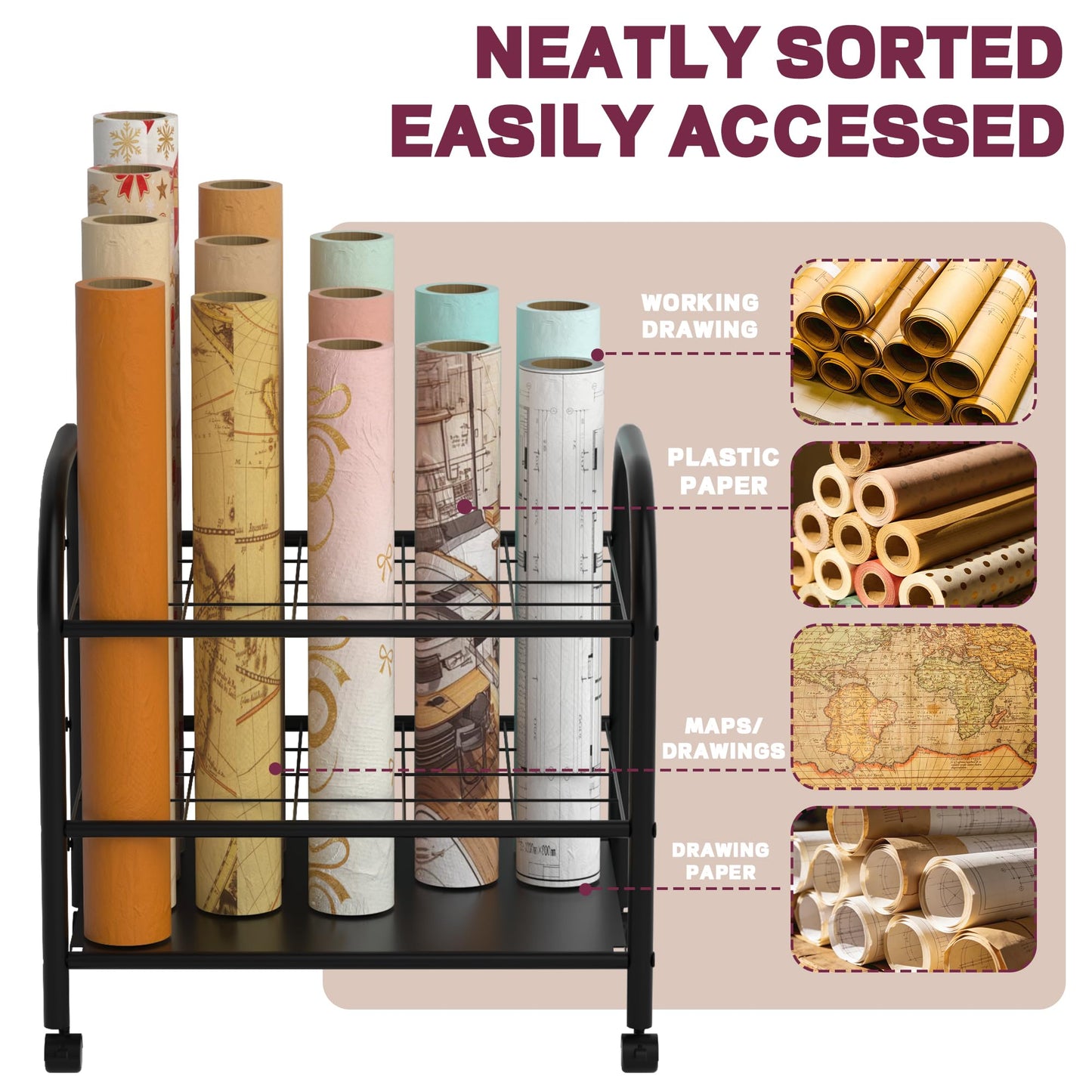 Yutrchey Blueprint Storage Holder with Wheels – 20-Slot Metal Roll File Rack with Silent Casters & Brakes for Blueprints, Wrapping Paper, Posters, Maps – Mobile File Cart for Office & Home (Black)
