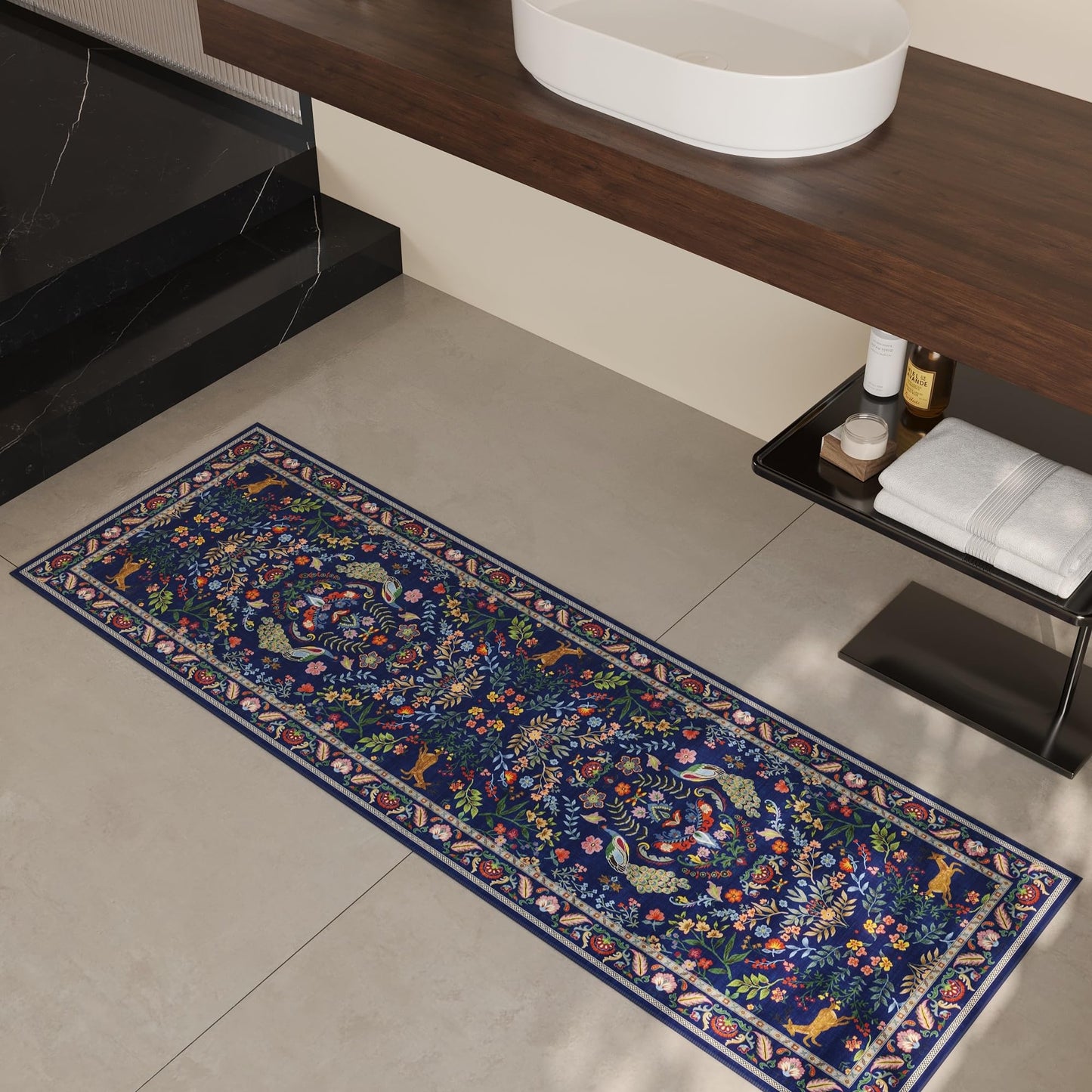 Rugcomf Runner Rug Washable Kitchen Runner 2'6''x8' Runner Rug for Entryway Indoor Floral Non-Slip Soft Carpet Runner for Hallways, Kitchen, Laundry, Bedroom, Bathroom(Blue)